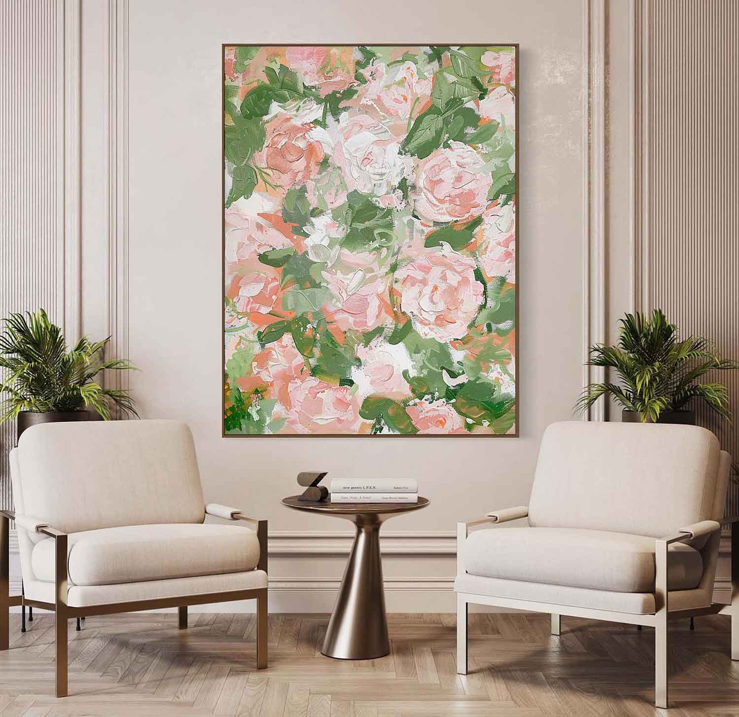 Green Leaves and Flowers Oil Painting Flowers Abstract Canvas Wall Art Decorative Hanging Painting