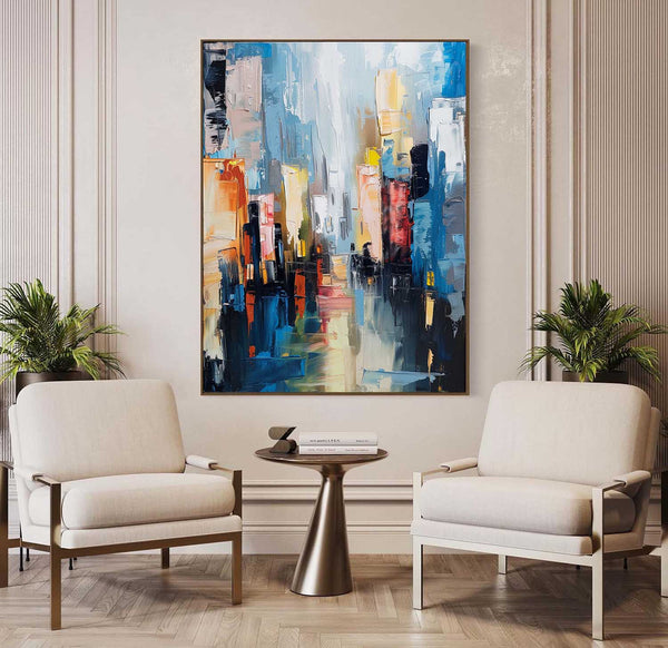 Large Modern Colorful City Night Scene Oil Painting Modern Colorful City Night Scene Textured Canvas Art for Sale