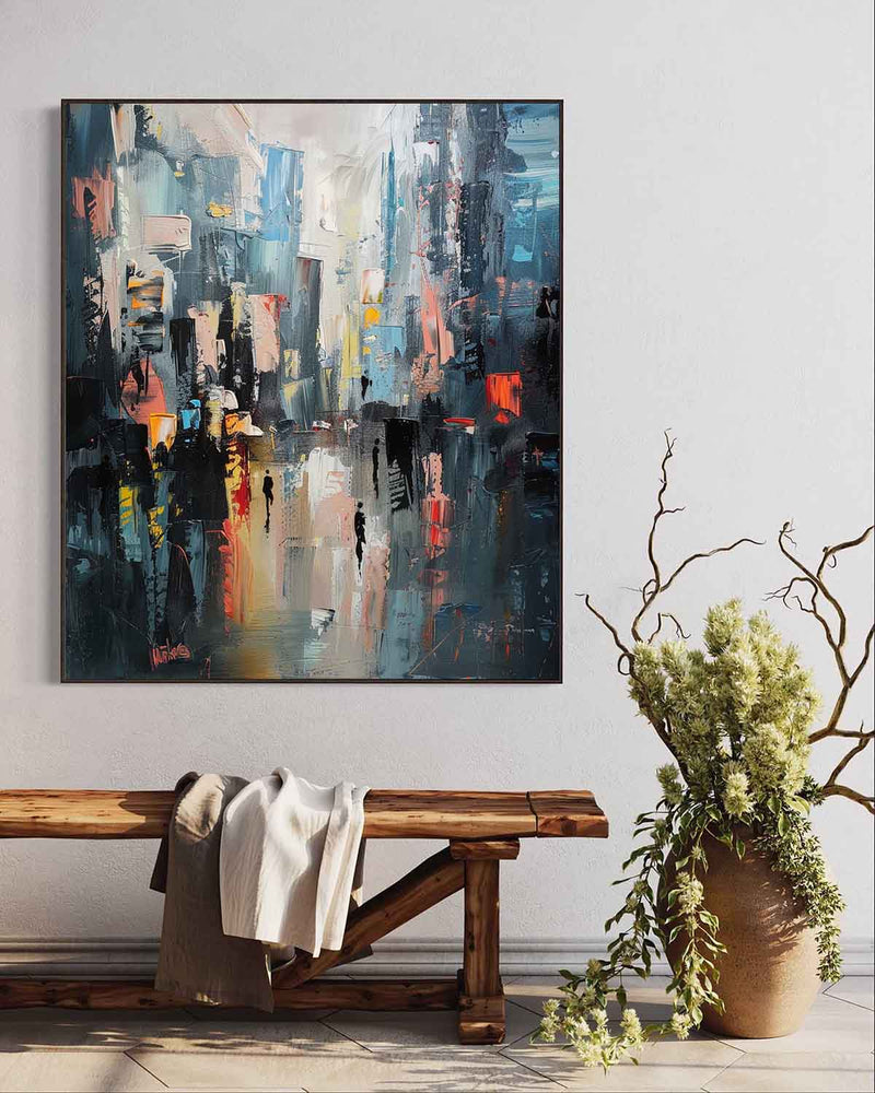 Large Modern City Night Scene Oil Painting Modern City Night Scene Textured Canvas Art for Sale