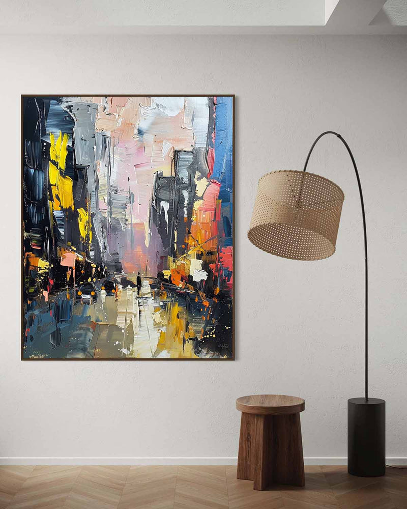 Large Color City Night Scene Oil Painting Color City Night Scene Textured Canvas Art for Sale