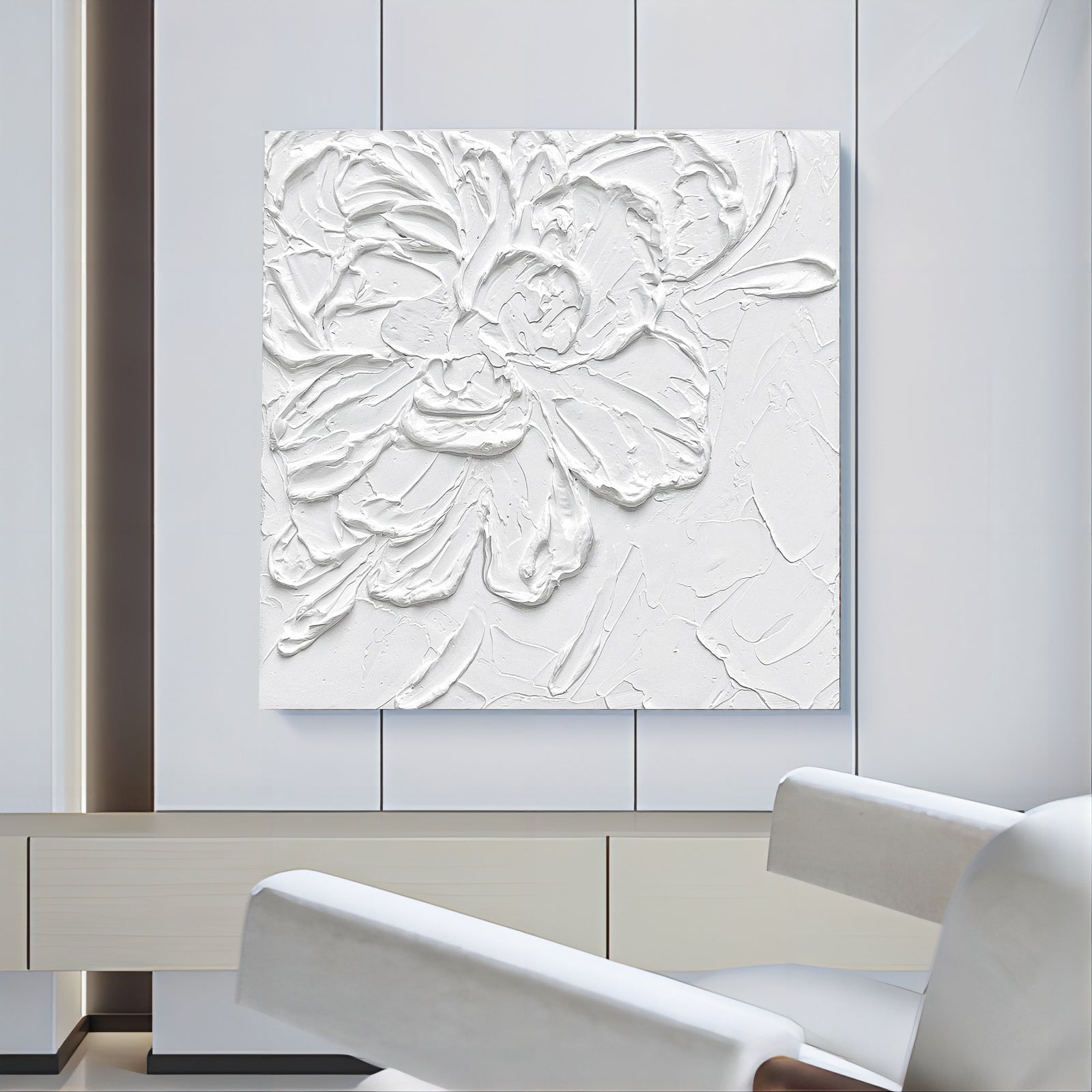 White Flowers Plaster Canvas Art Abstract Plaster Wall Art Flowers Acrylic Painting