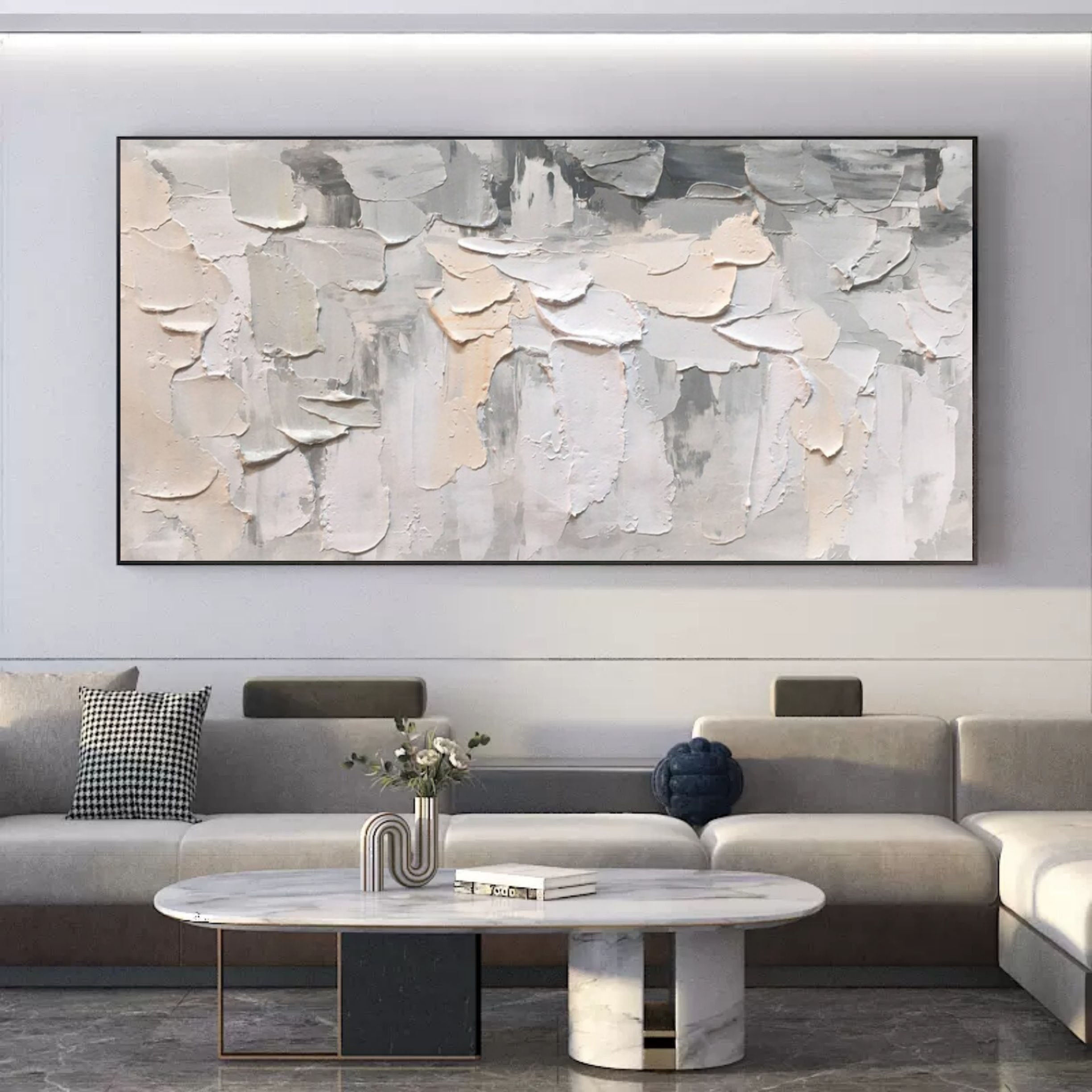 Oversized Horizontal Gray and Beige 3D Abstract Canvas Art Wabi-Sabi Wall Art Textured Wall Painting