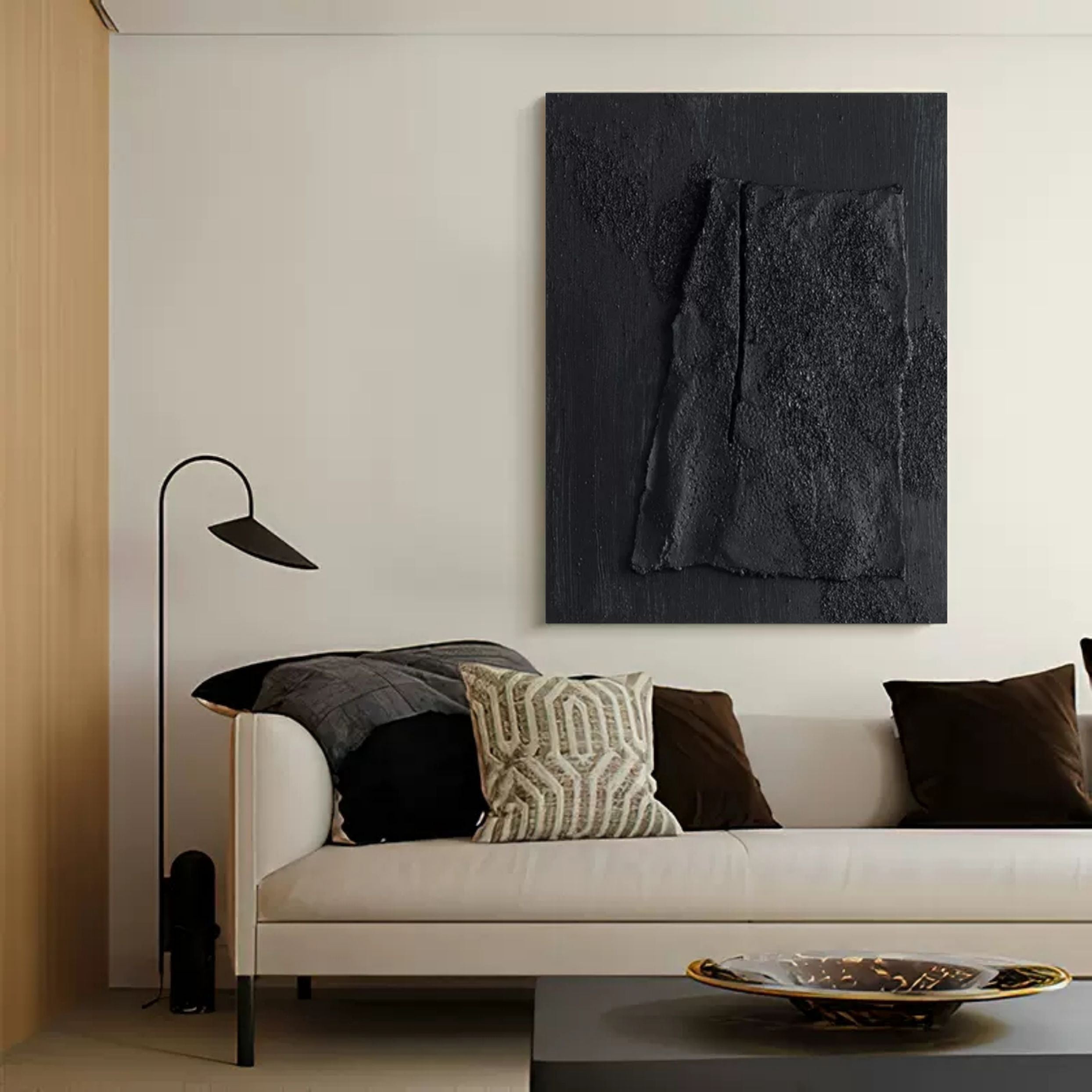 Large Black 3D Minimalist Art on Canvas Wabi-Sabi Wall Art Textured Wall Art Abstract Painting