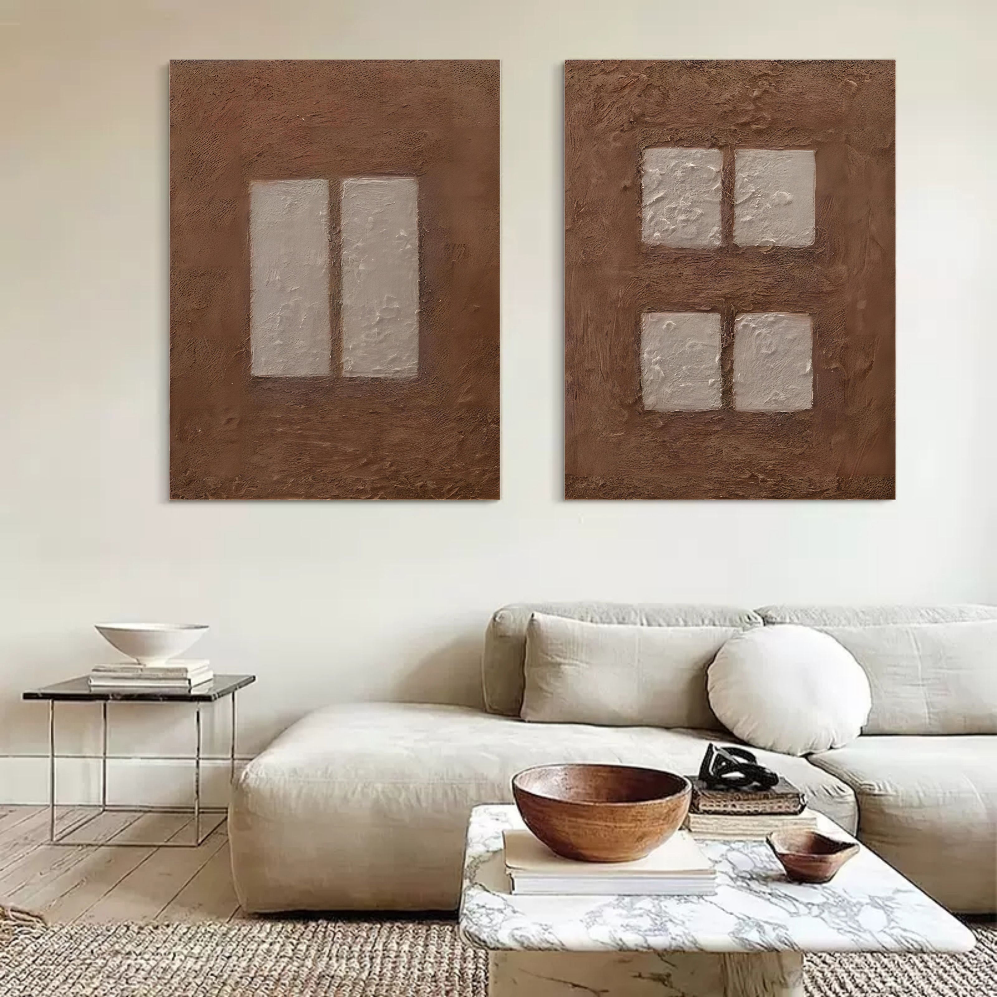 Brown 3D Abstract Art on Canvas WabiSabi Wall Art Textured Wall Art Minimalist Painting Set of 2