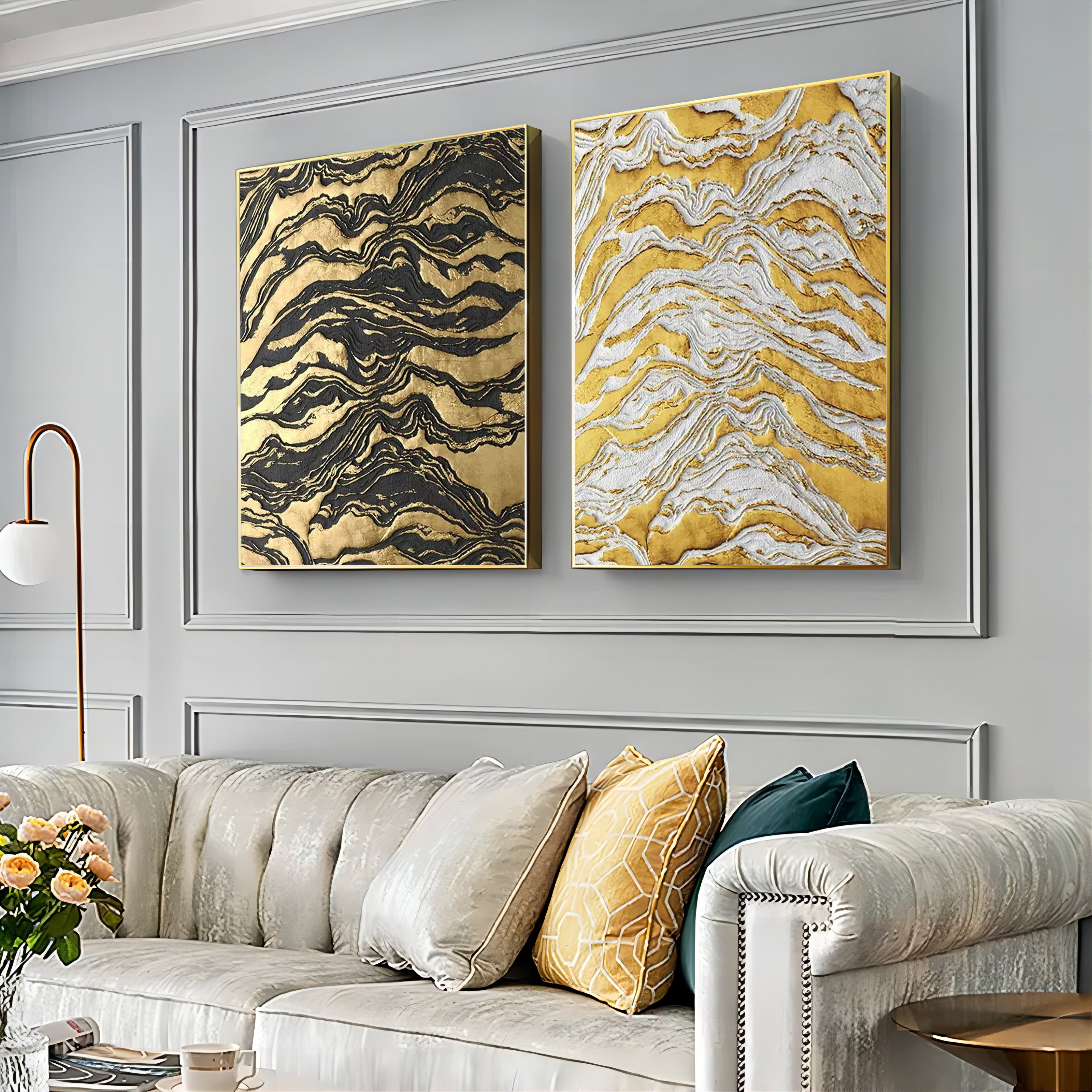 Gold and Black 3D Abstract Painting Set of 2 Gold 3D Textured Wall Art Luxury Living Room Wall Decor