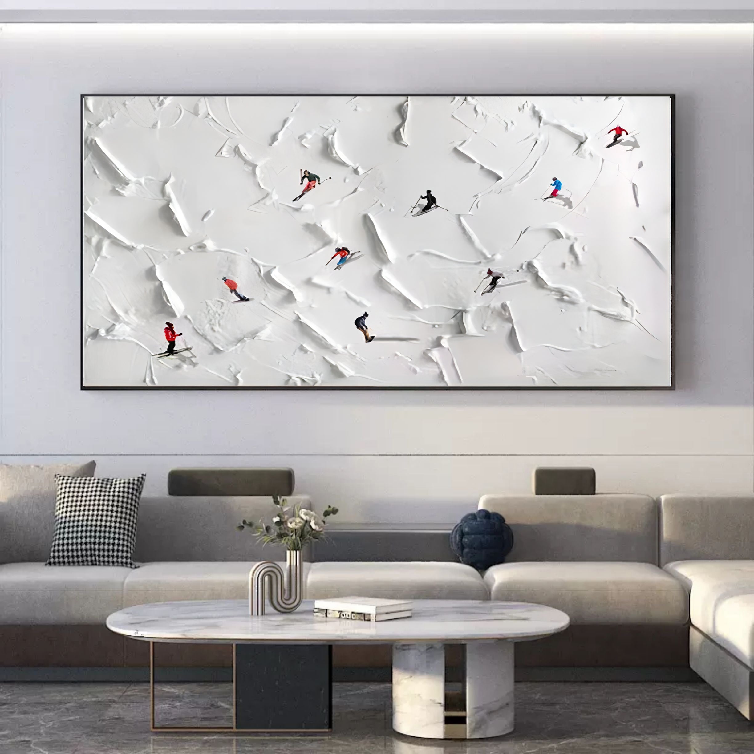 Plaster Wall Art Original Ski Sport Painting on Canvas Custom Painting Texture Wall Art Skier on Snowy Mountain Art White Snow Skiing Art