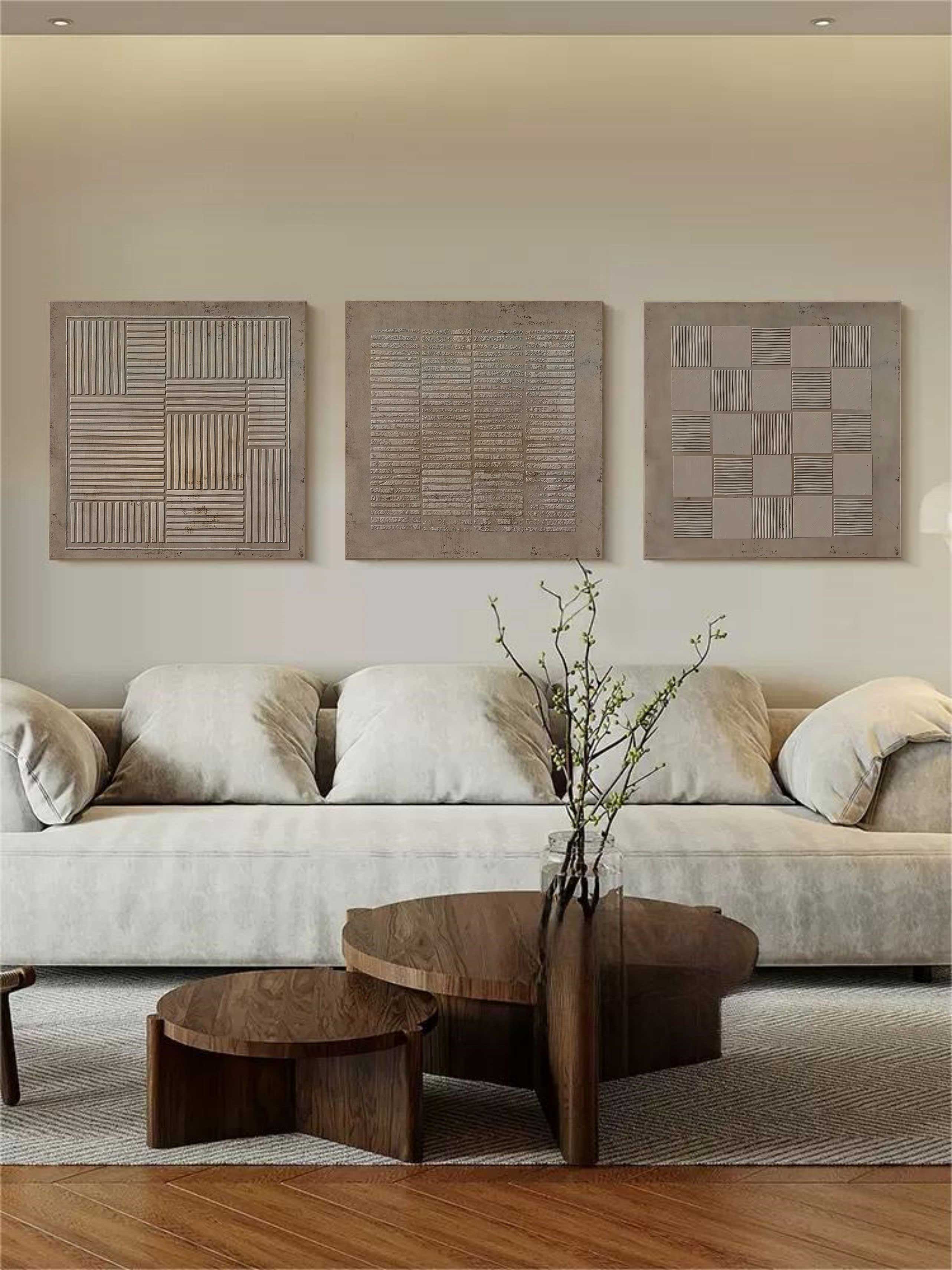 Brown 3D Abstract Art Textured Wall Art Wabi-Sabi Wall Art Minimalist Canvas Painting Set of 3