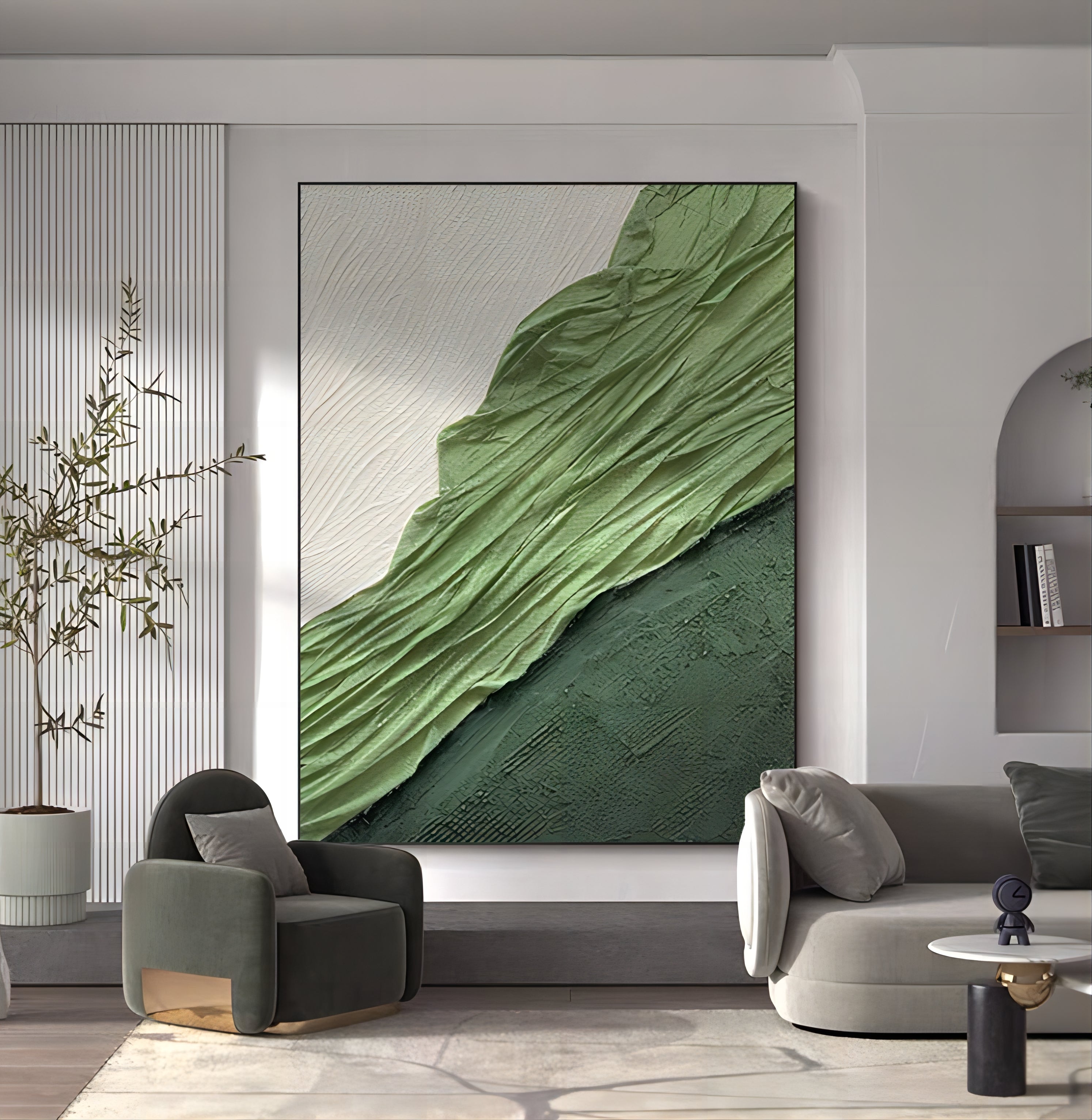 Green Abstract Art on Canvas Green Minimalist Abstract Painting 3D Plaster Art Textured Wall Art