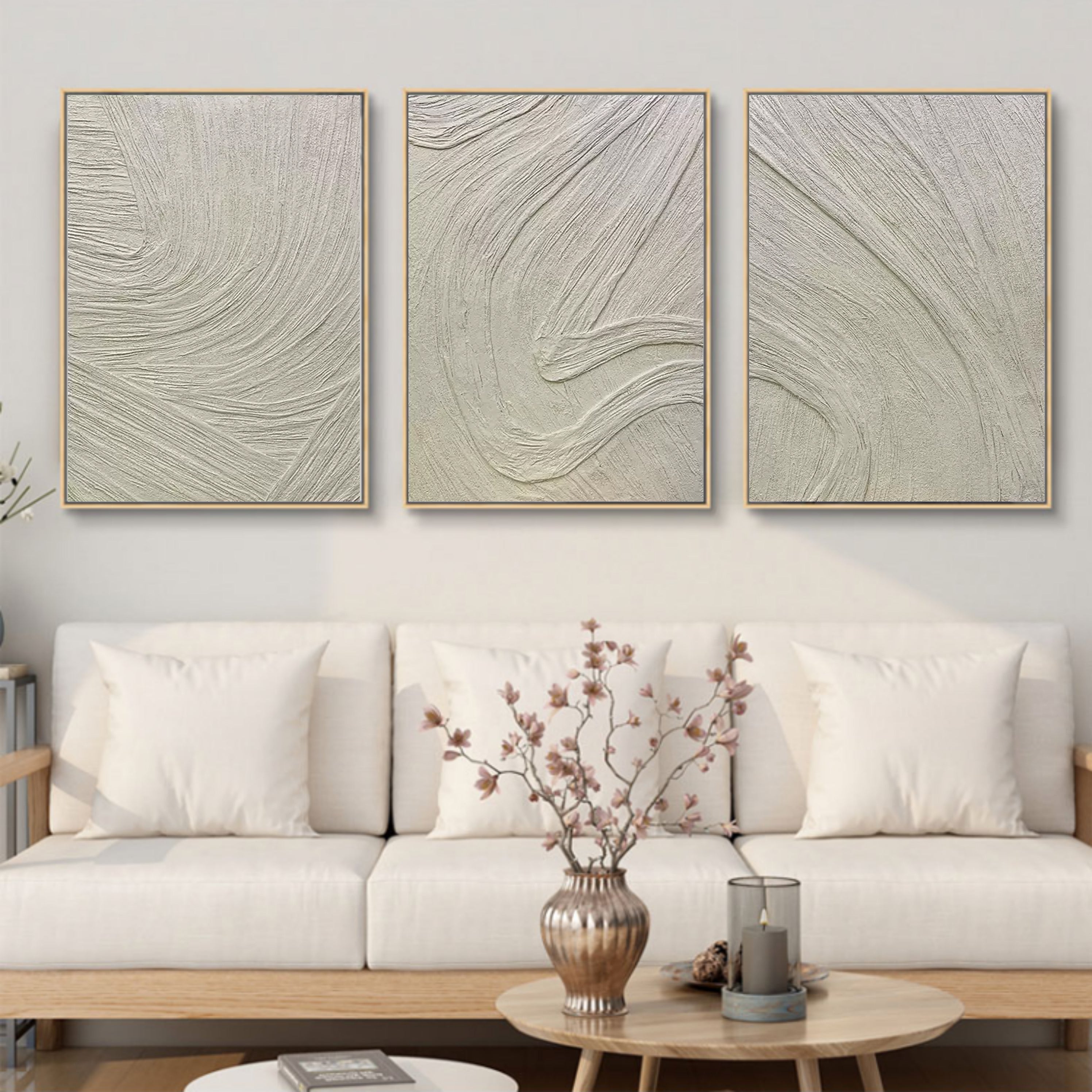 Beige Minimalist Abstract Painting Set of 3 3D Plaster Art Set of 3 3D Textured Canvas Art Set of 3