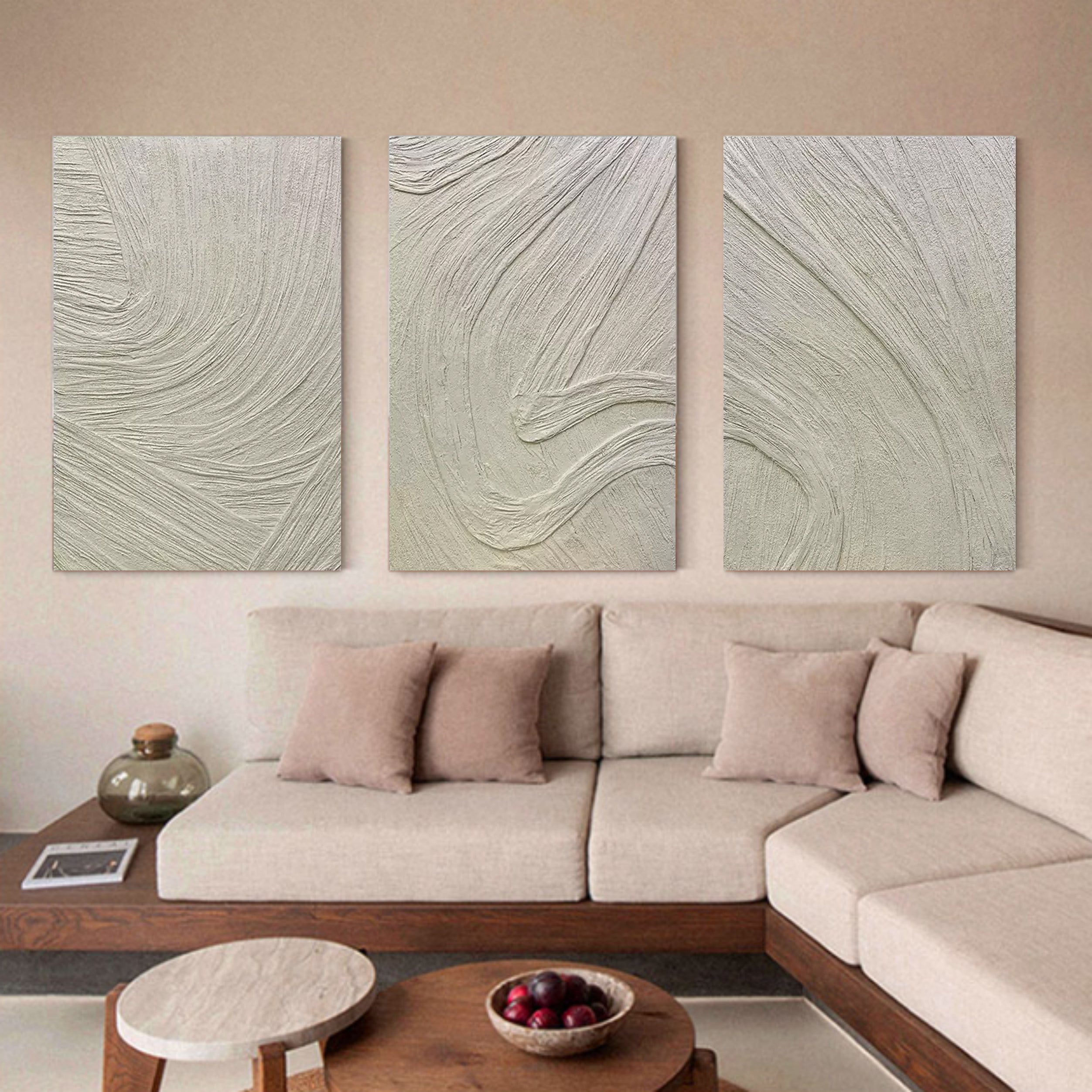 Beige Minimalist Abstract Painting Set of 3 3D Plaster Art Set of 3 3D Textured Canvas Art Set of 3