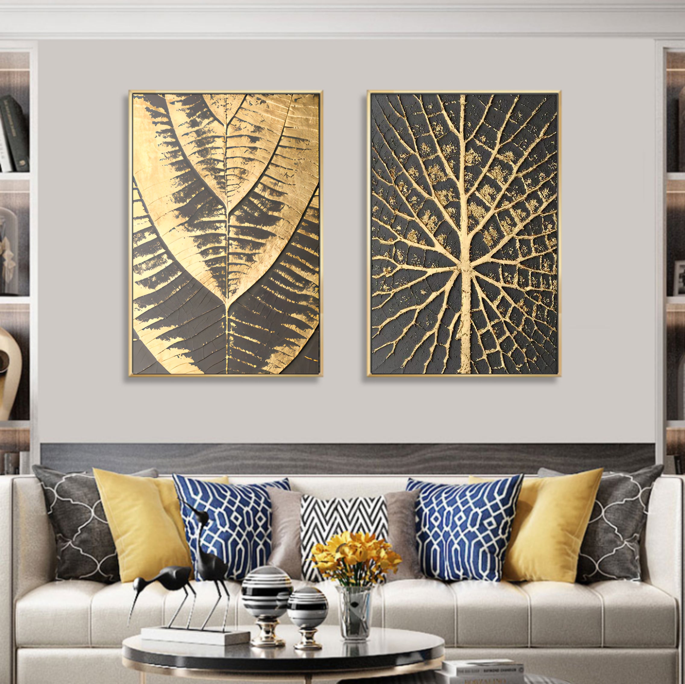 Gold and Black 3D Abstract Painting Set of 2 Gold 3D Textured Wall Art Light Luxury Canvas Art