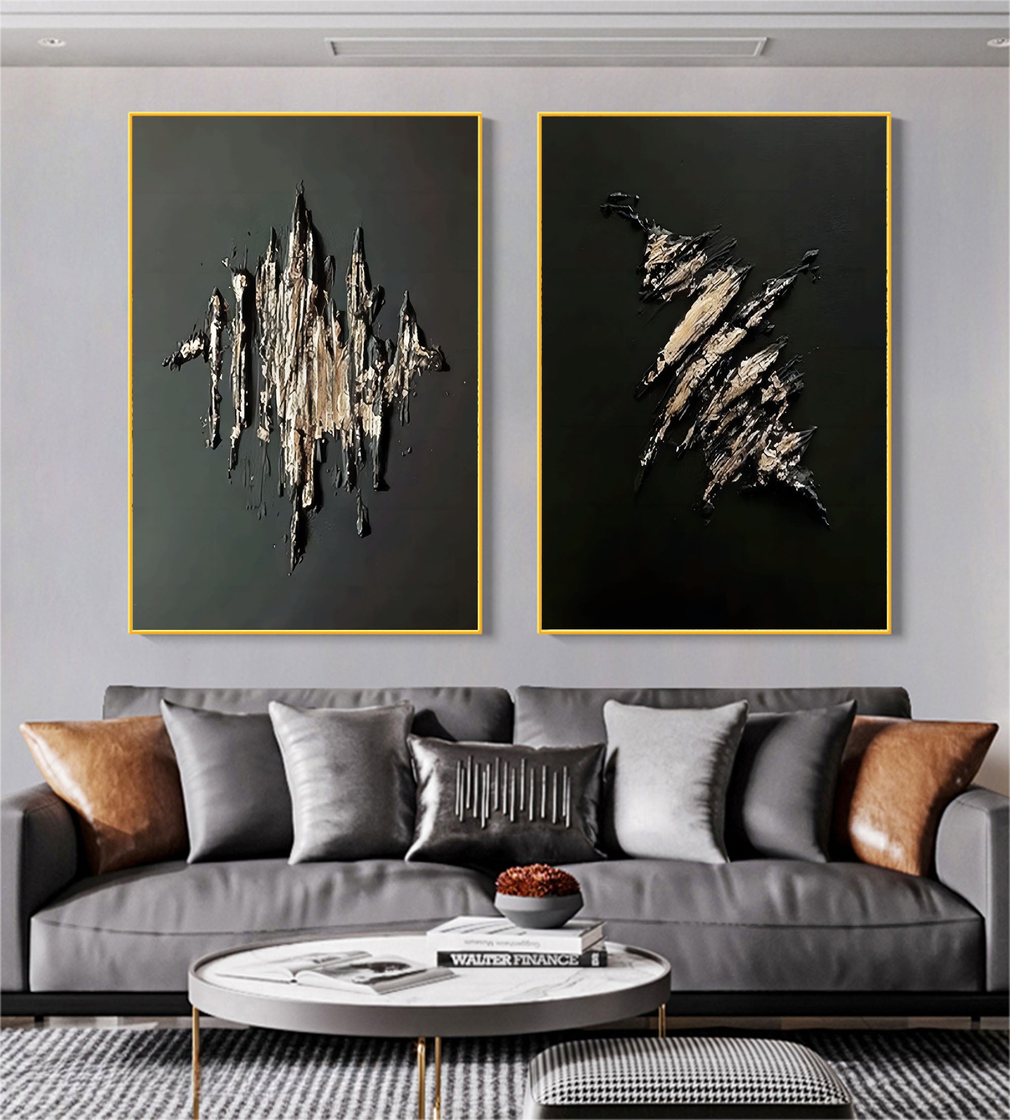 Large Black and Gold 3D Abstract Art Textured Wall Art Plaster Wall Art Minimalist Painting Set of 2