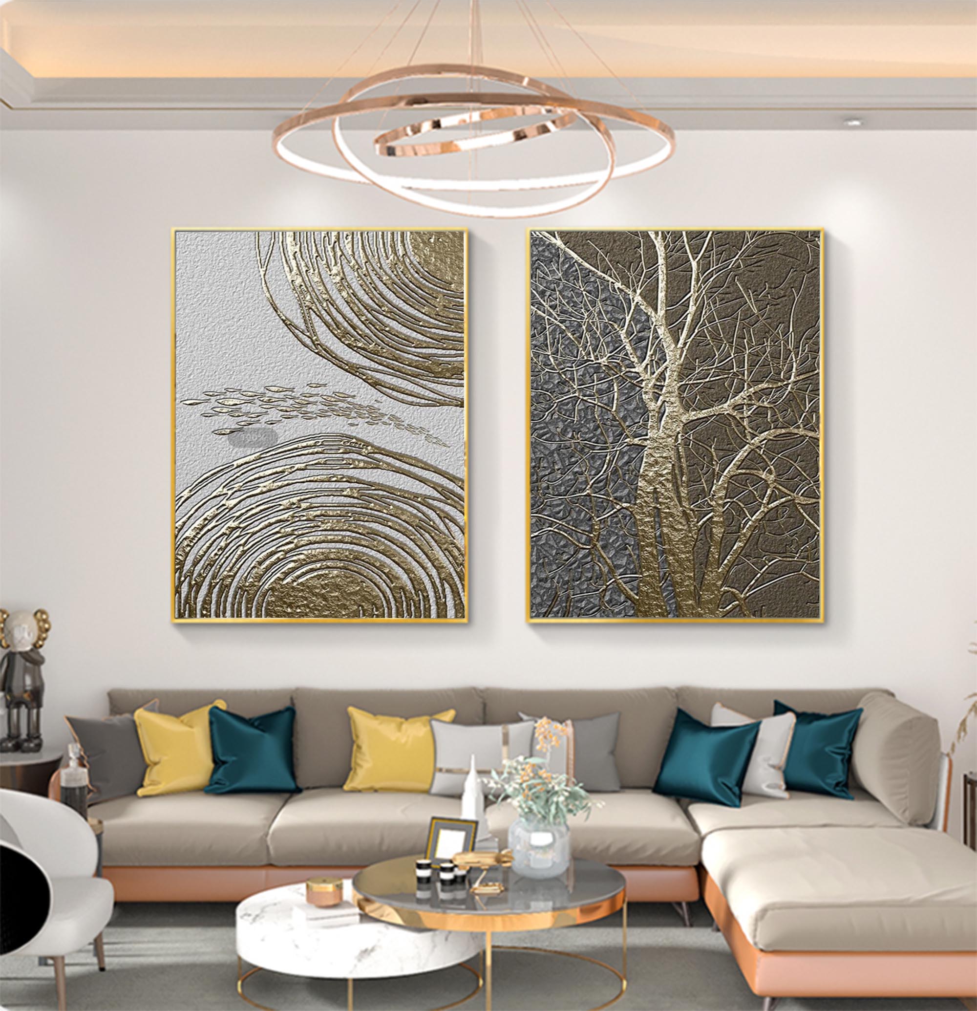 Gold 3D Abstract Painting Set of 2 Gold Textured Acrylic Canvas Art Set of 2 Luxury Living Room Wall Painting