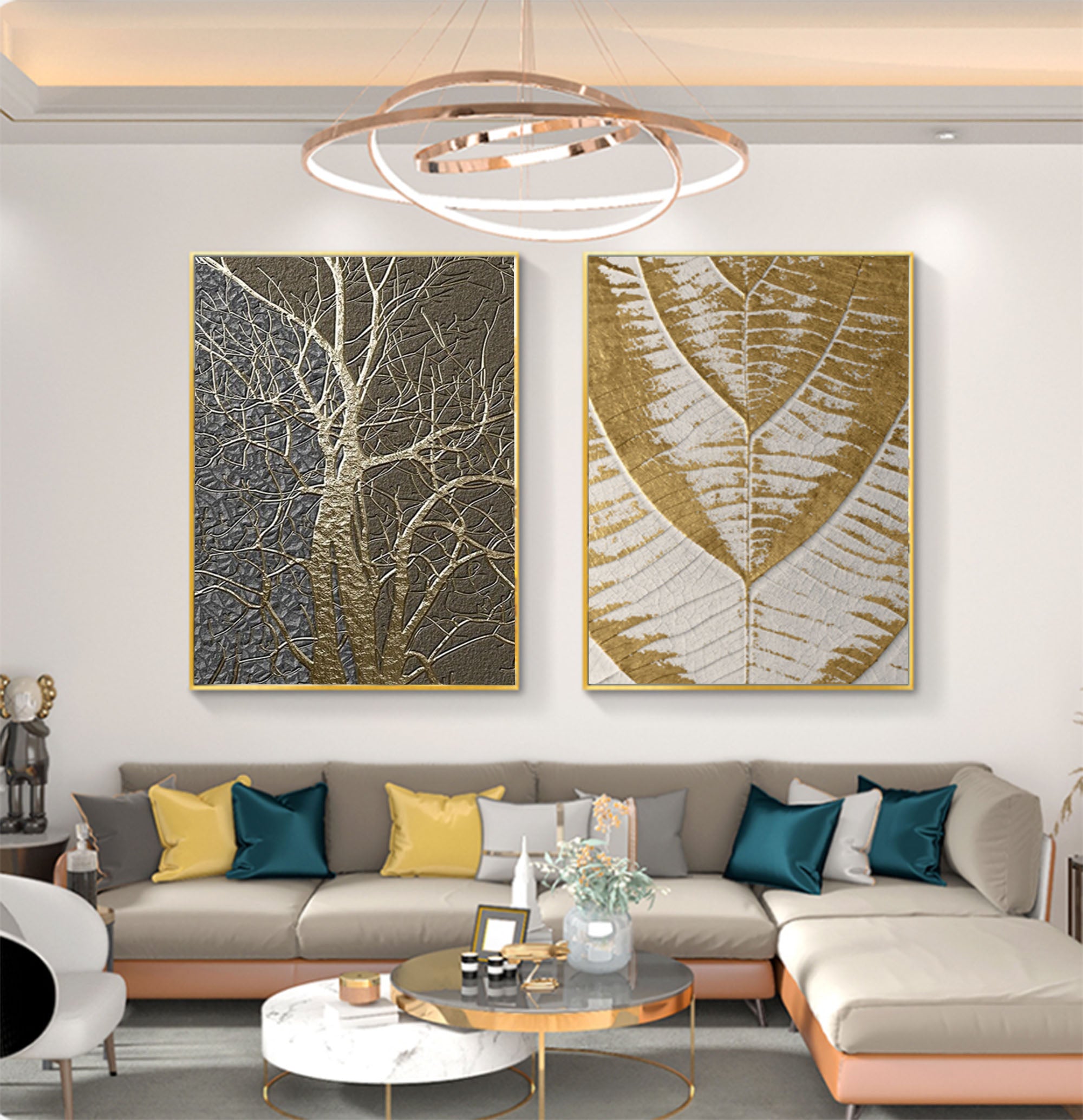 Gold 3D Texture Wall Art Set of 2 Gold Acrylic Abstract Painting Set of 2 Luxury House Decor