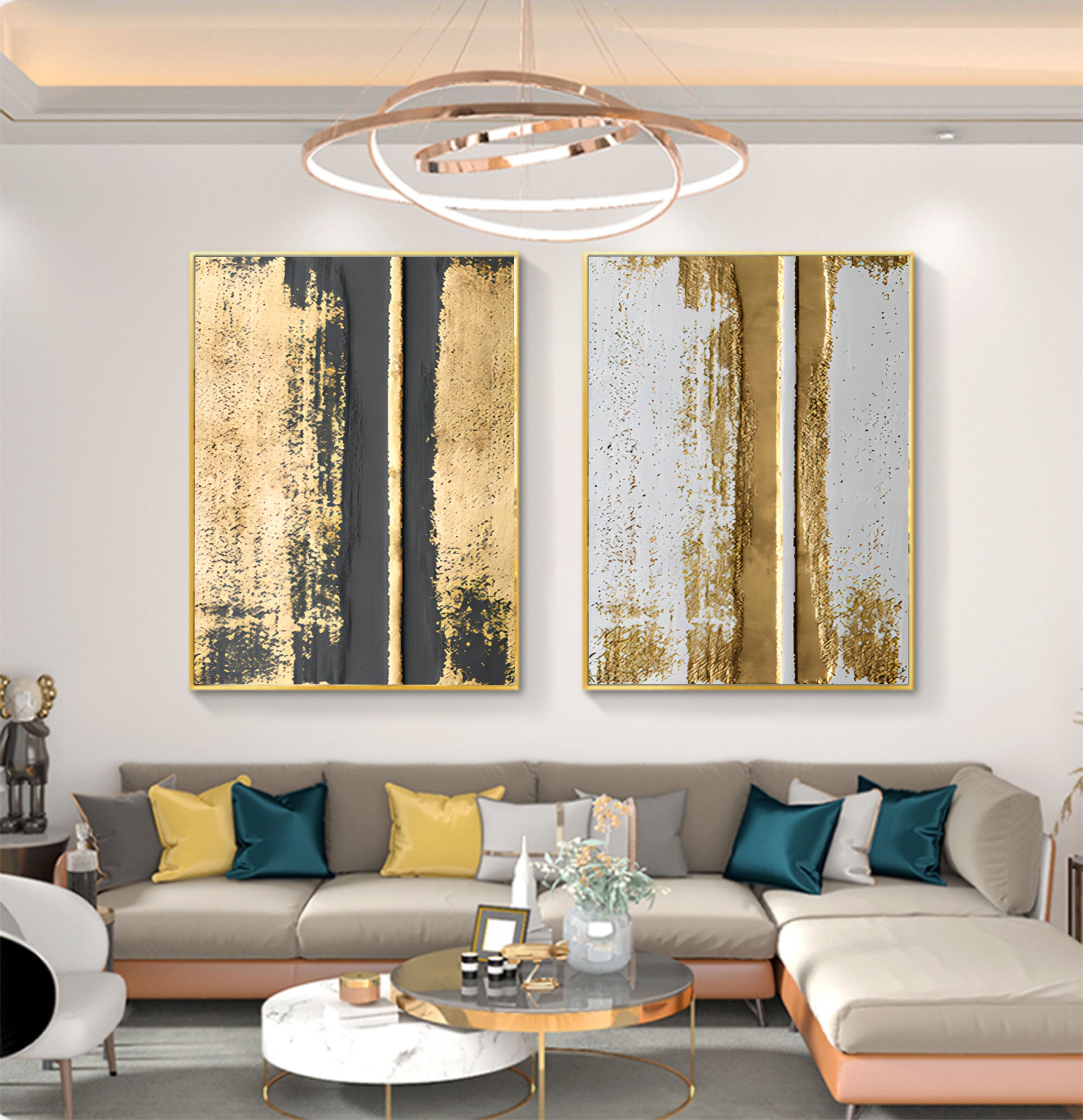 Gold 3D Abstract Painting Set of 2 Gold Texture Wall Art Minimalist Canvas Painting Luxury Home Hanging Painting