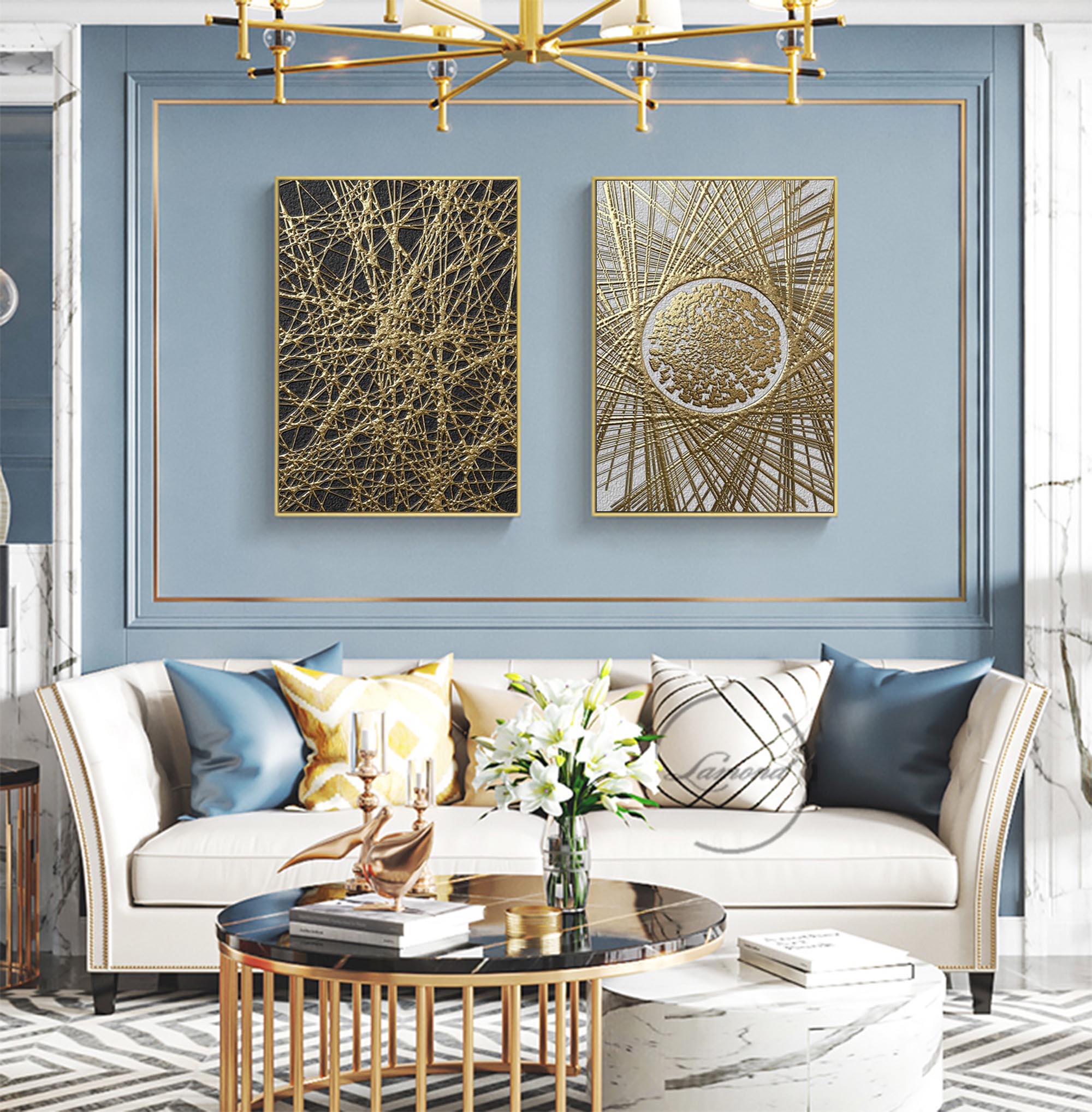 Gold 3D Abstract Canvas Art Set of 2 Gold Textured Acrylic Painting Set of 2 Luxury Living Room Wall Decor