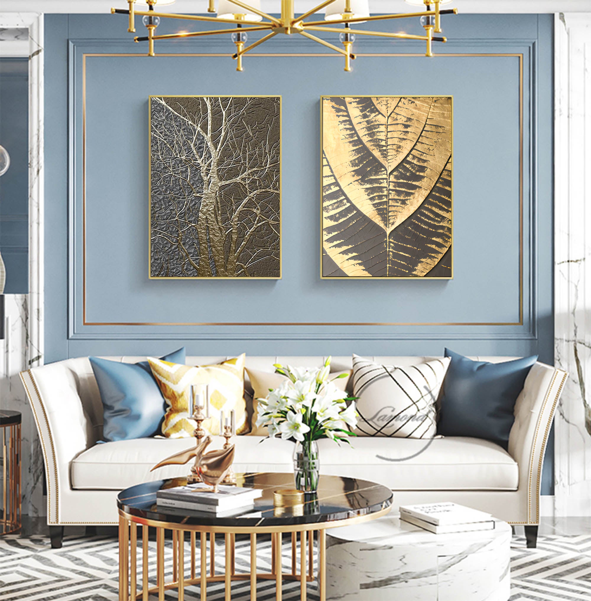 Set of 2 Gold 3D Abstract Painting Gold Texture Wall Art Gold Abstract Oil Painting Light Luxury Home Decoration Wall Painting Set of 2