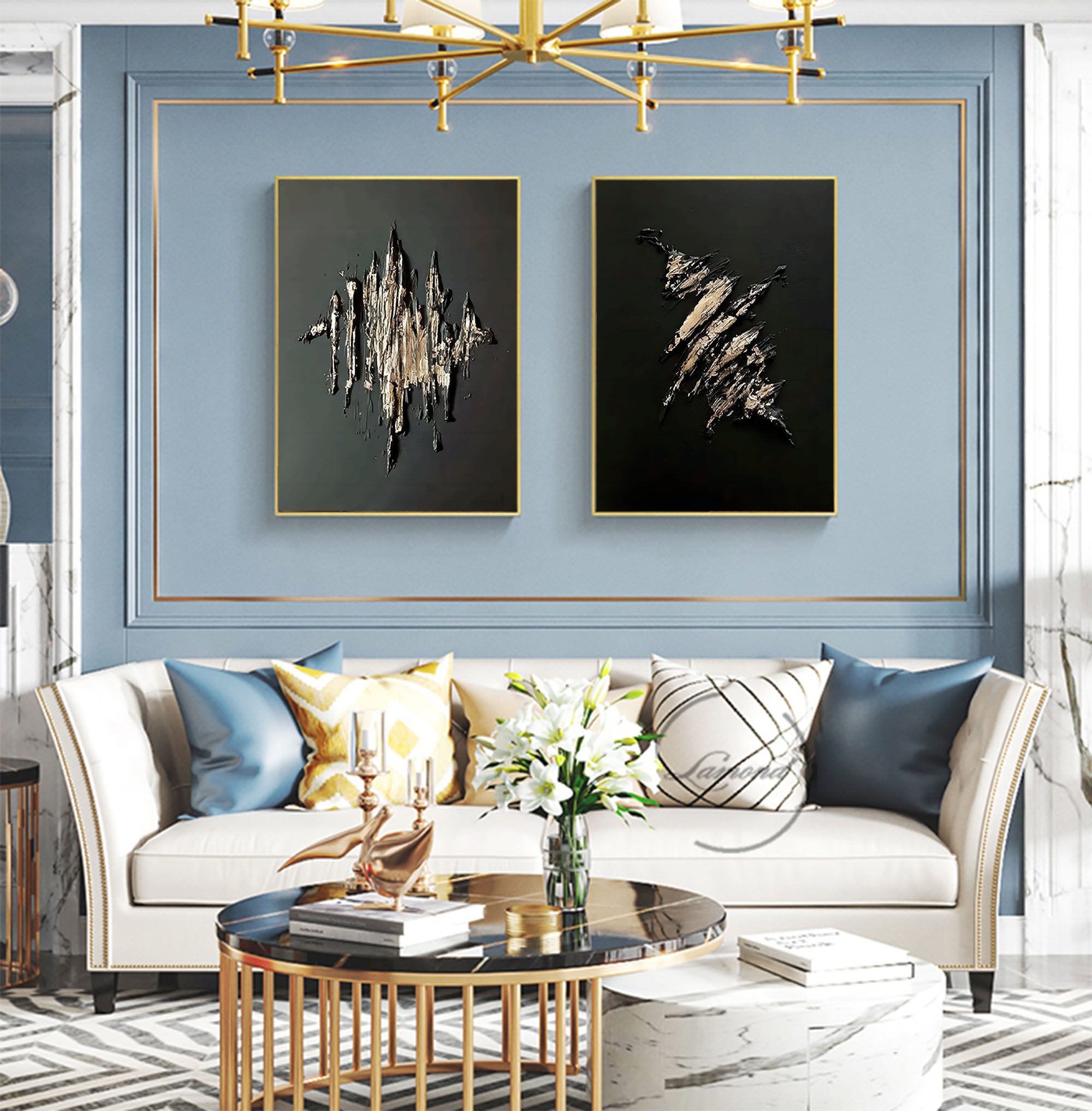 Large Black and Gold 3D Abstract Art Textured Wall Art Plaster Wall Art Minimalist Painting Set of 2