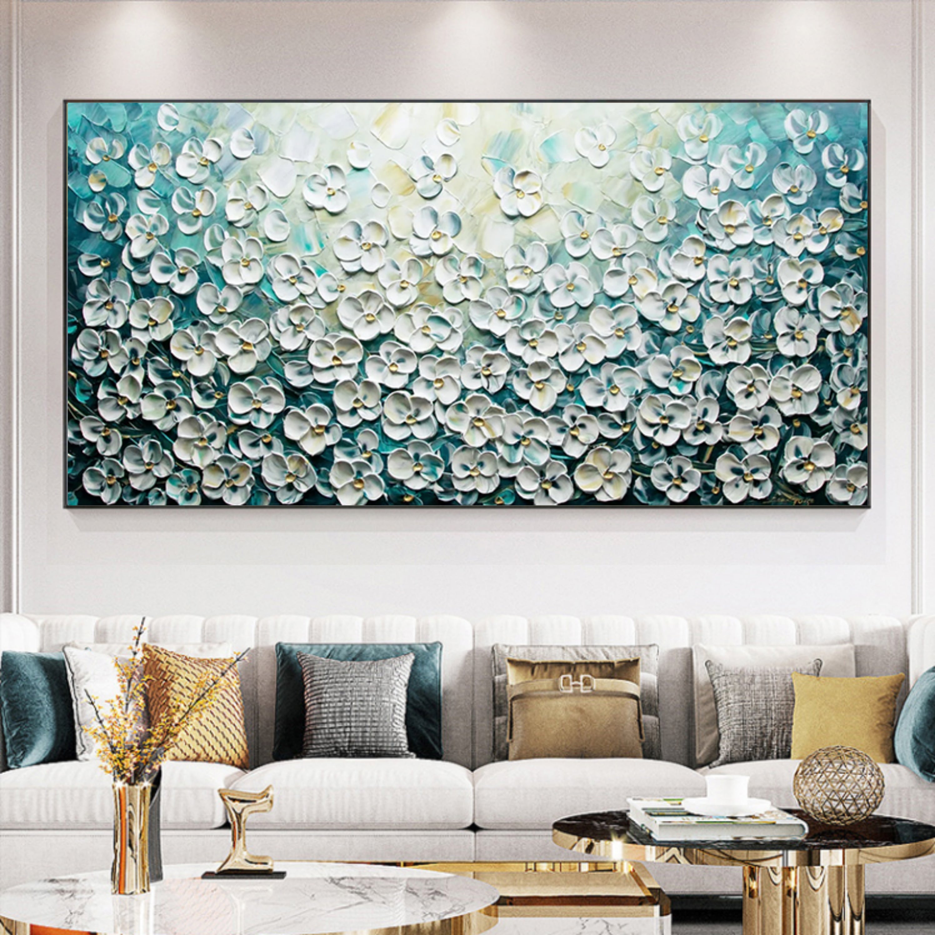 Panoramic 3D Flower Oil Painting Large Living Room Flower Textured Wall ...