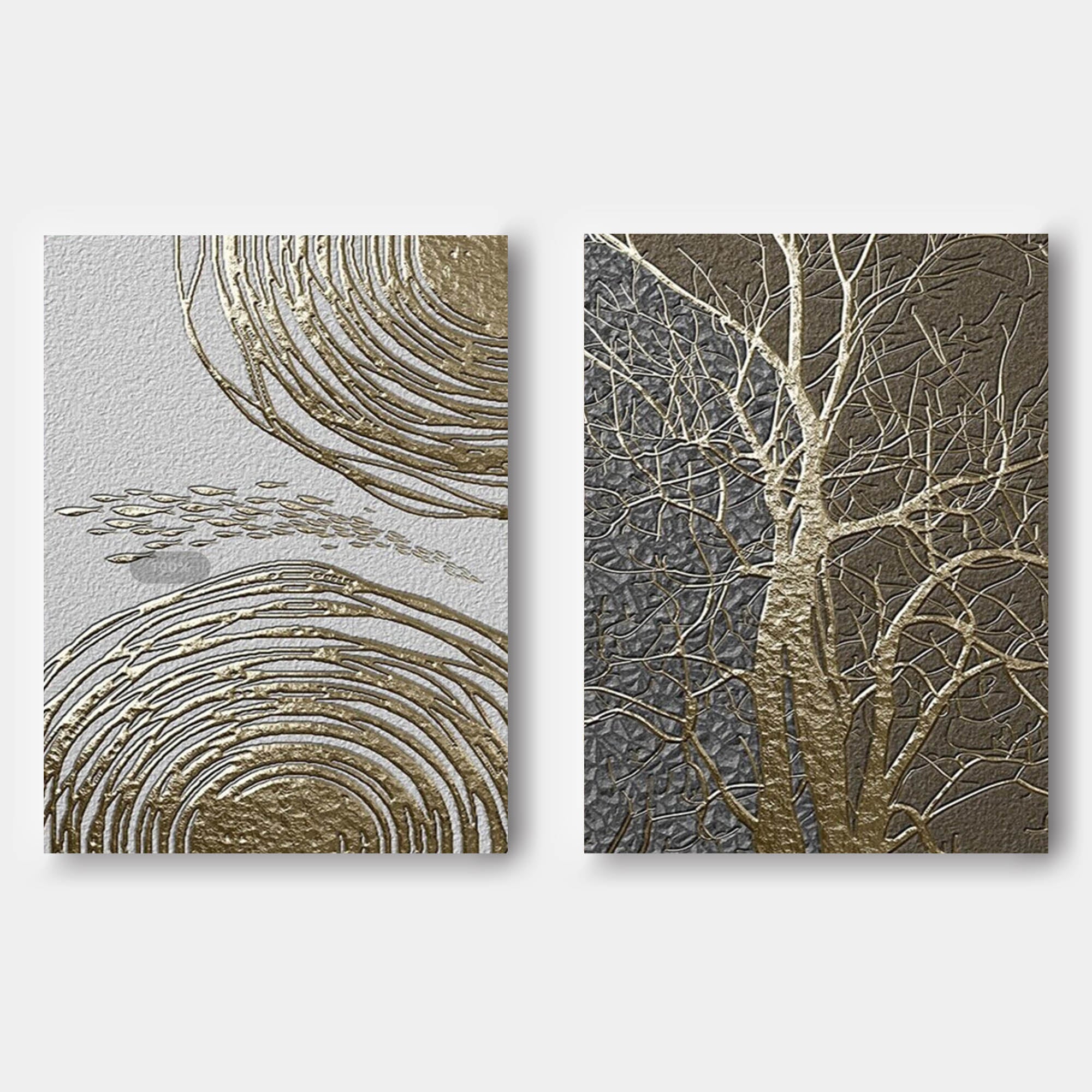 Gold 3D Abstract Painting Set of 2 Gold Textured Acrylic Canvas Art Set of 2 Luxury Living Room Wall Painting