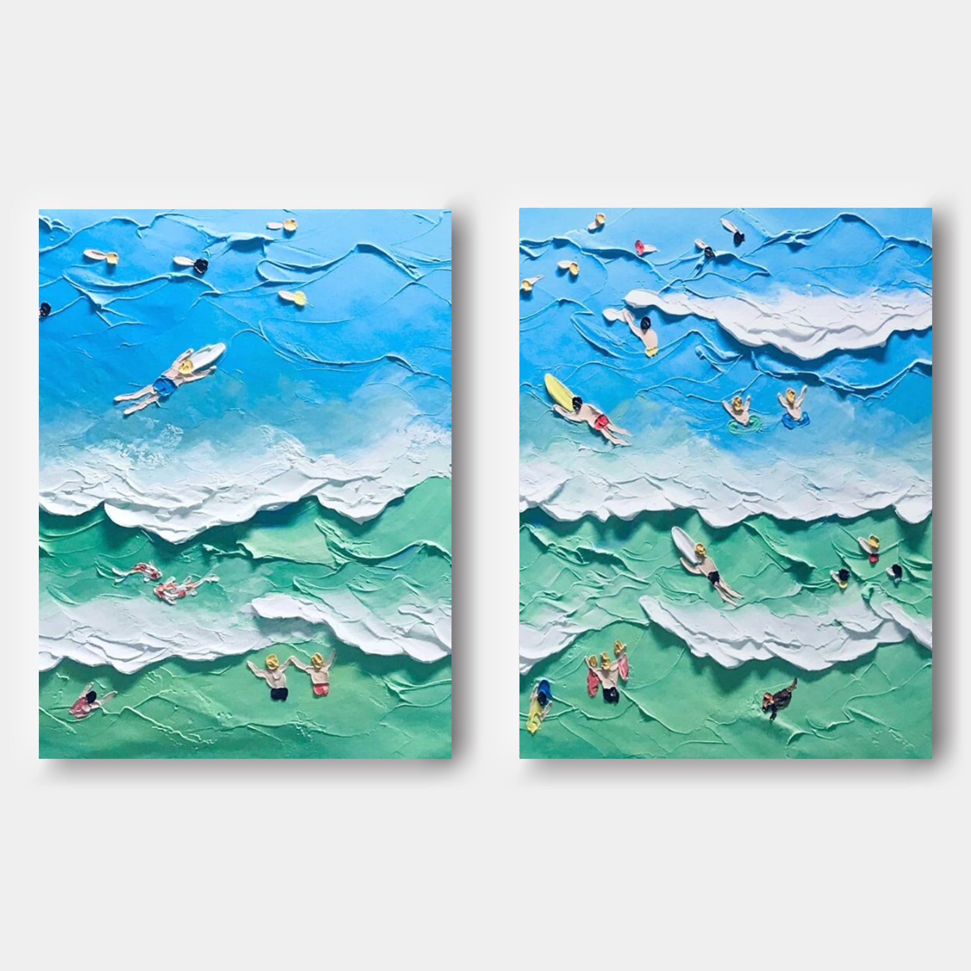 Seaside Surf Paintings on Canvas Blue Sea 3D Texture Painting Set of 2 White 3D Plaster Art Swimming Paintings