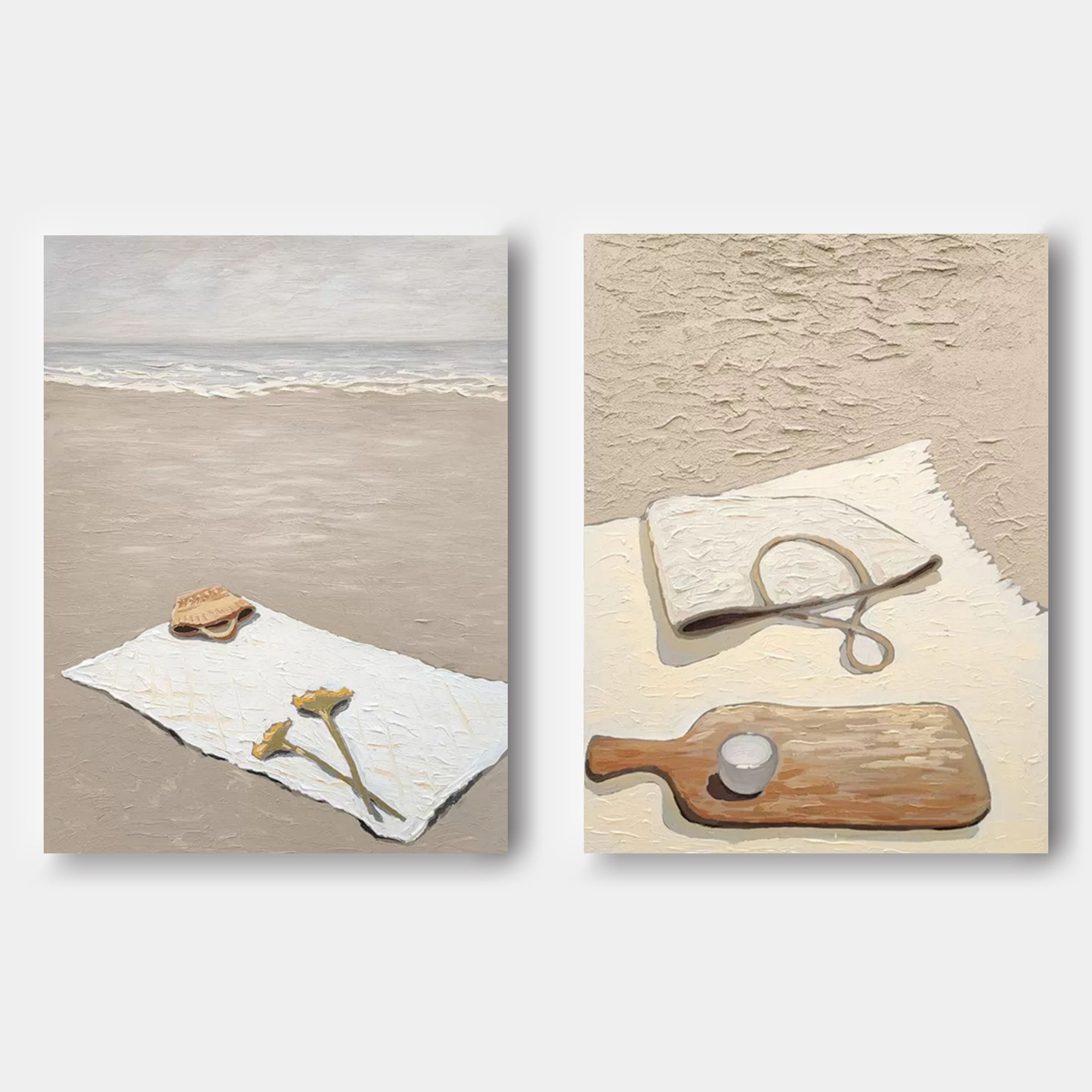 Wabi Sabi Painting Set of 2 Beach Landscape Art Canvas Texture Wall Art Still Life Painting Set of 2