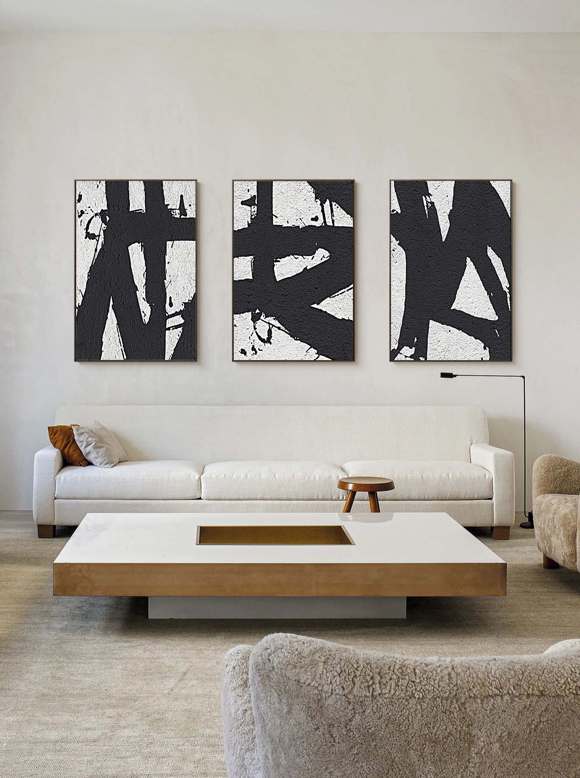 Black and White 3D Abstract Art Set of 3 Textured Wall Art Minimalist Abstract Painting Set of 3