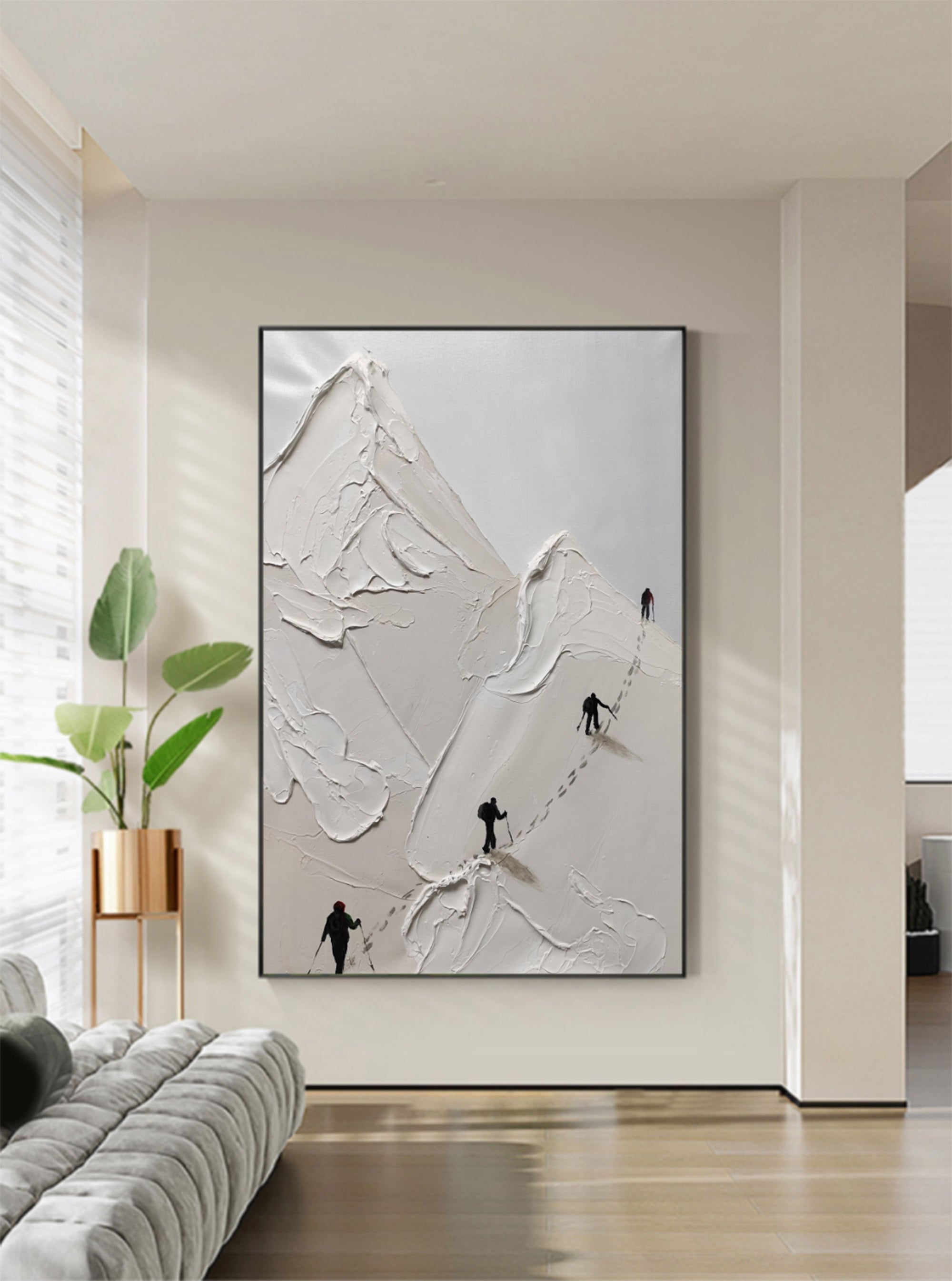 Snow Mountain Climbing Painting Skier Canvas Art White Plaster Art Snow Mountain Landscape Wall Art