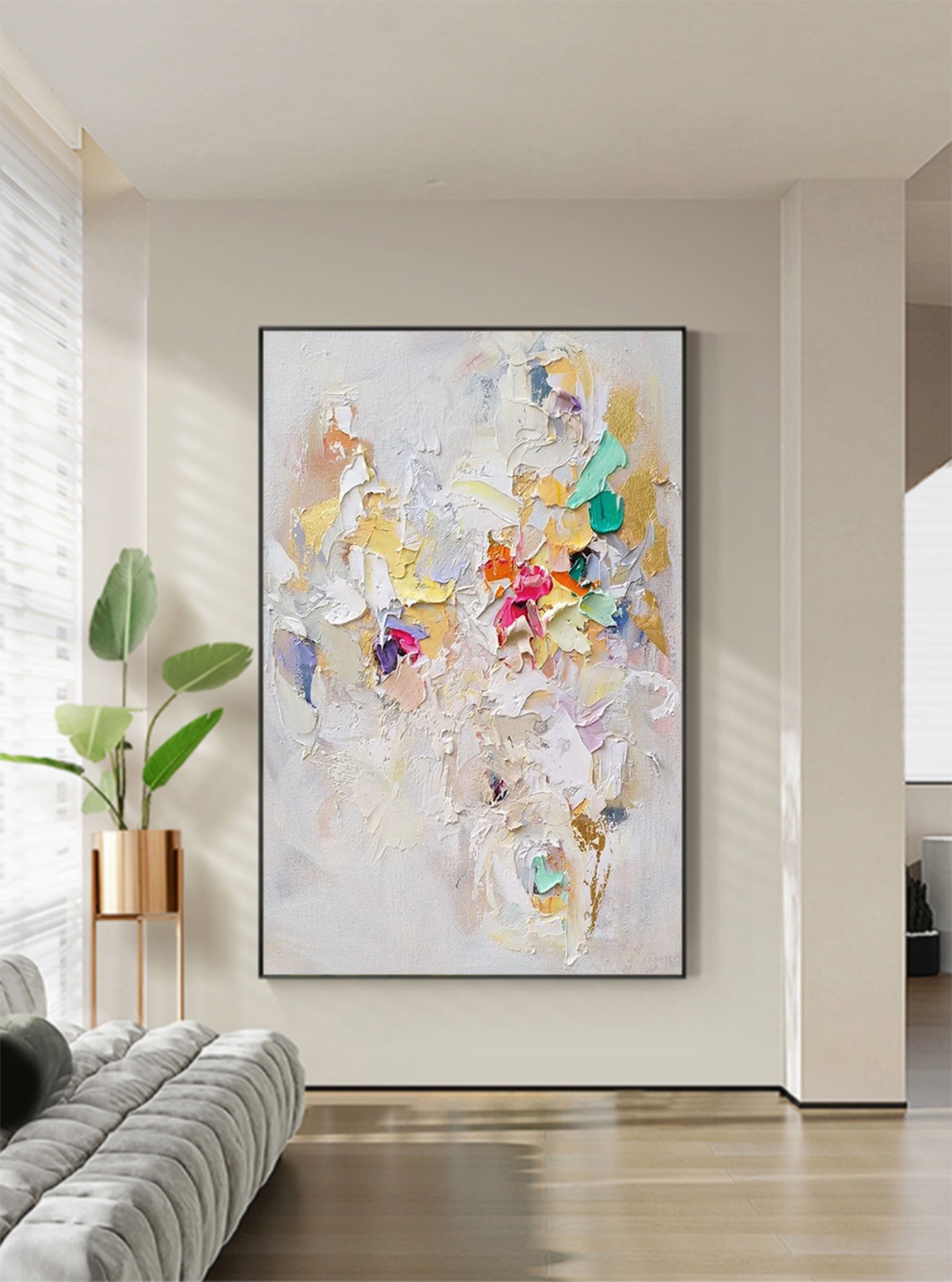 Large Beige 3D Abstract Art Colorful Minimalist Canvas Painting ...