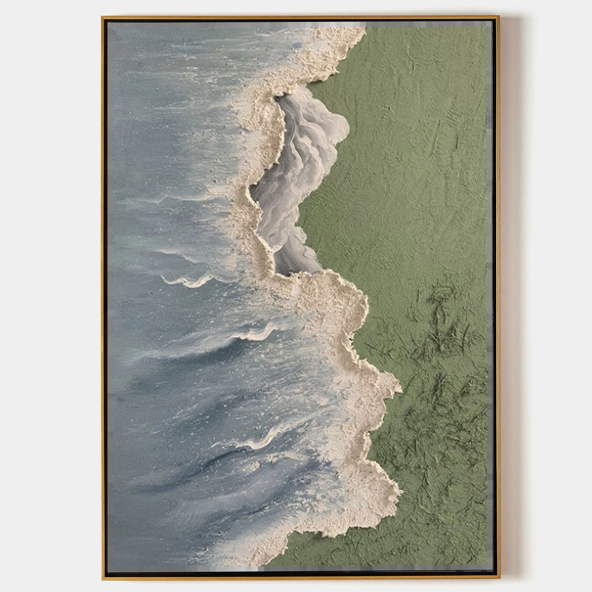 White and Green Beach Ocean Waves 3D Texture Painting Wabi-Sabi Wall ...