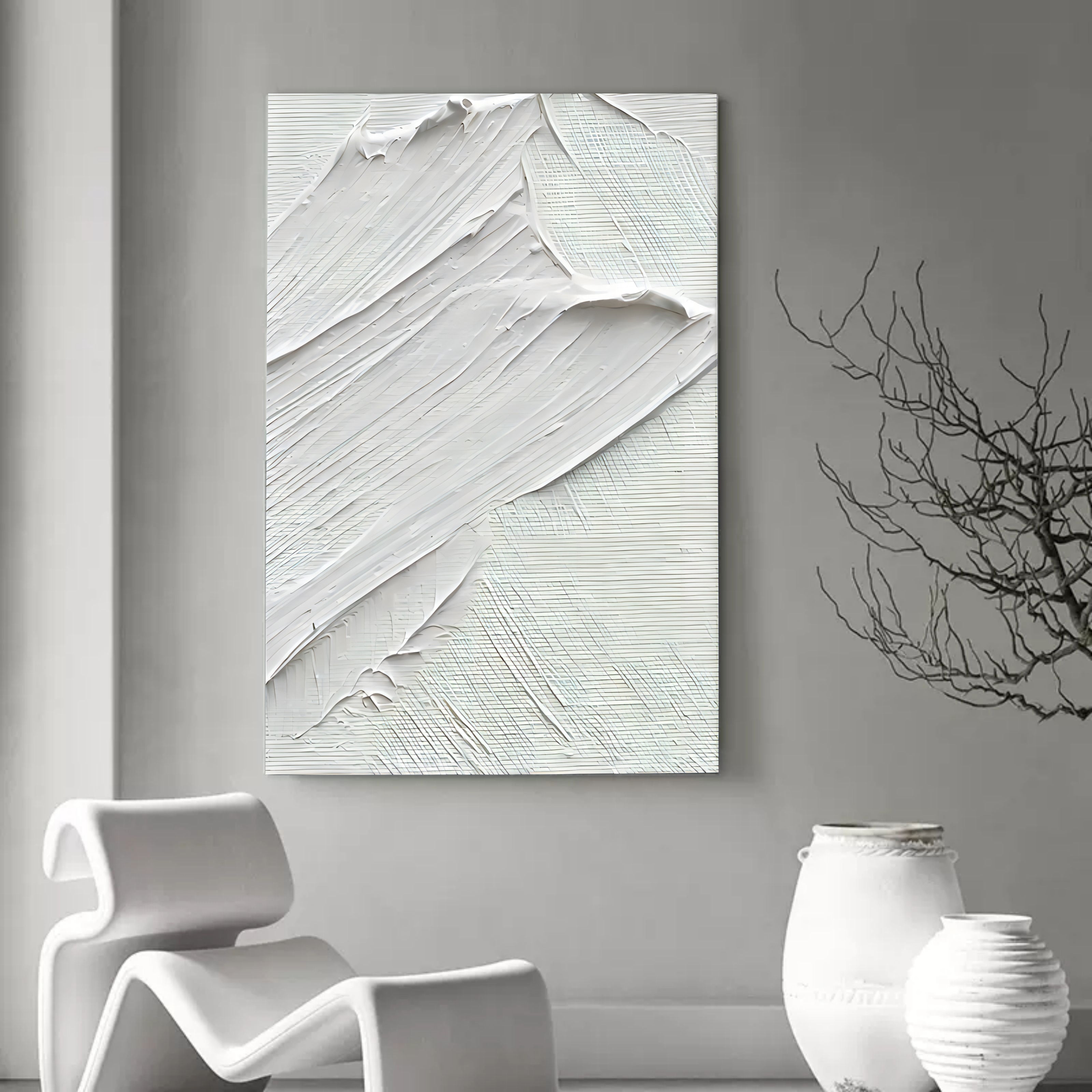 Large White 3D Abstract Painting Plaster Wall Art Textured Wall Art Minimalist Canvas Art for sale