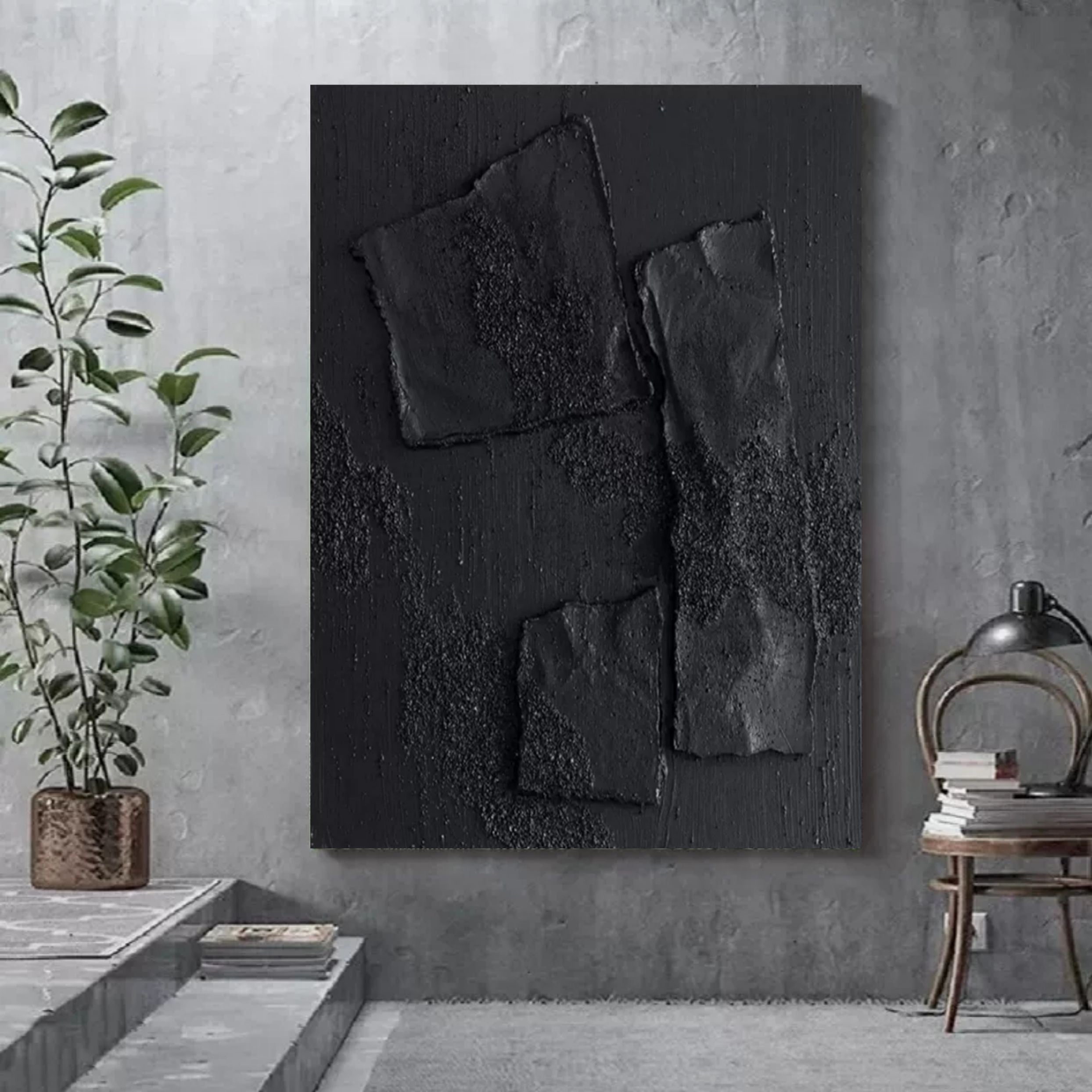 Large Black 3D Abstract Art Wabi-Sabi Wall Art Textured Wall Art Minimalist Canvas Paintings