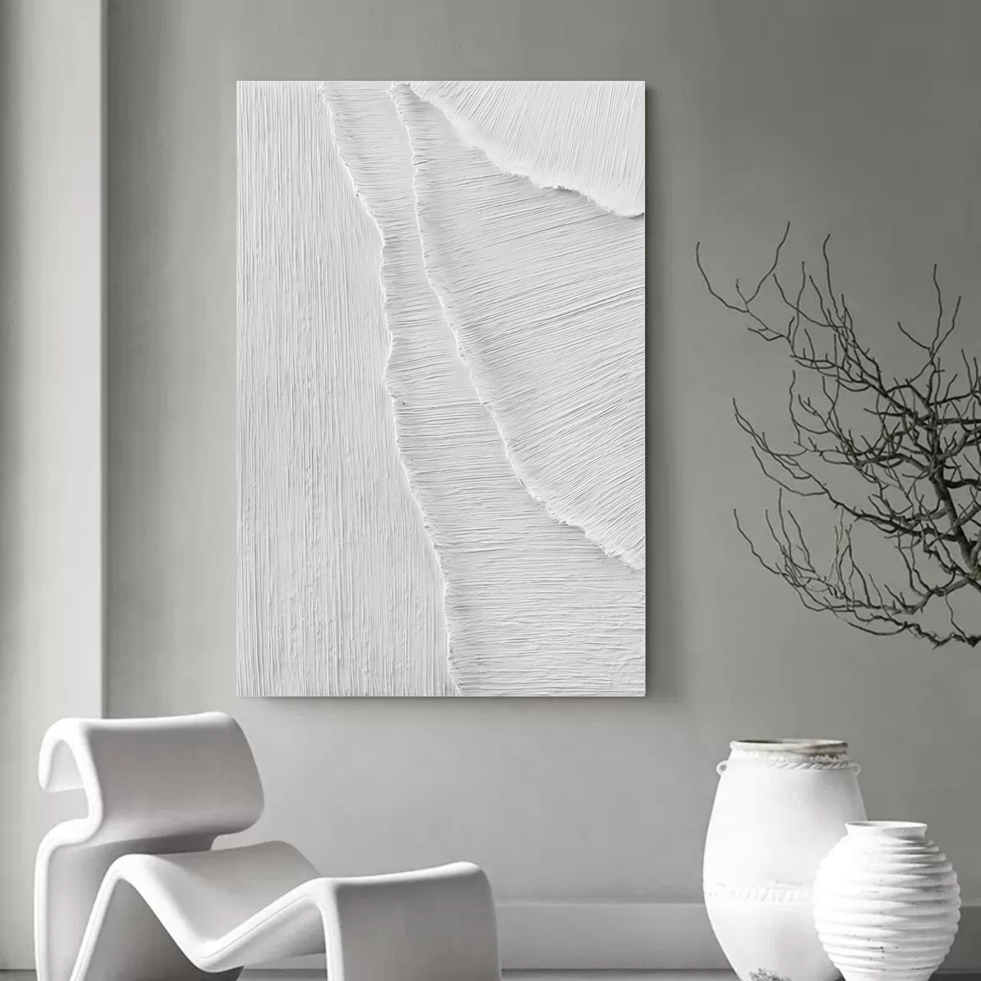 Large White 3D Abstract Painting Plaster Wall Art Textured Wall Painting Minimalist Canvas Art