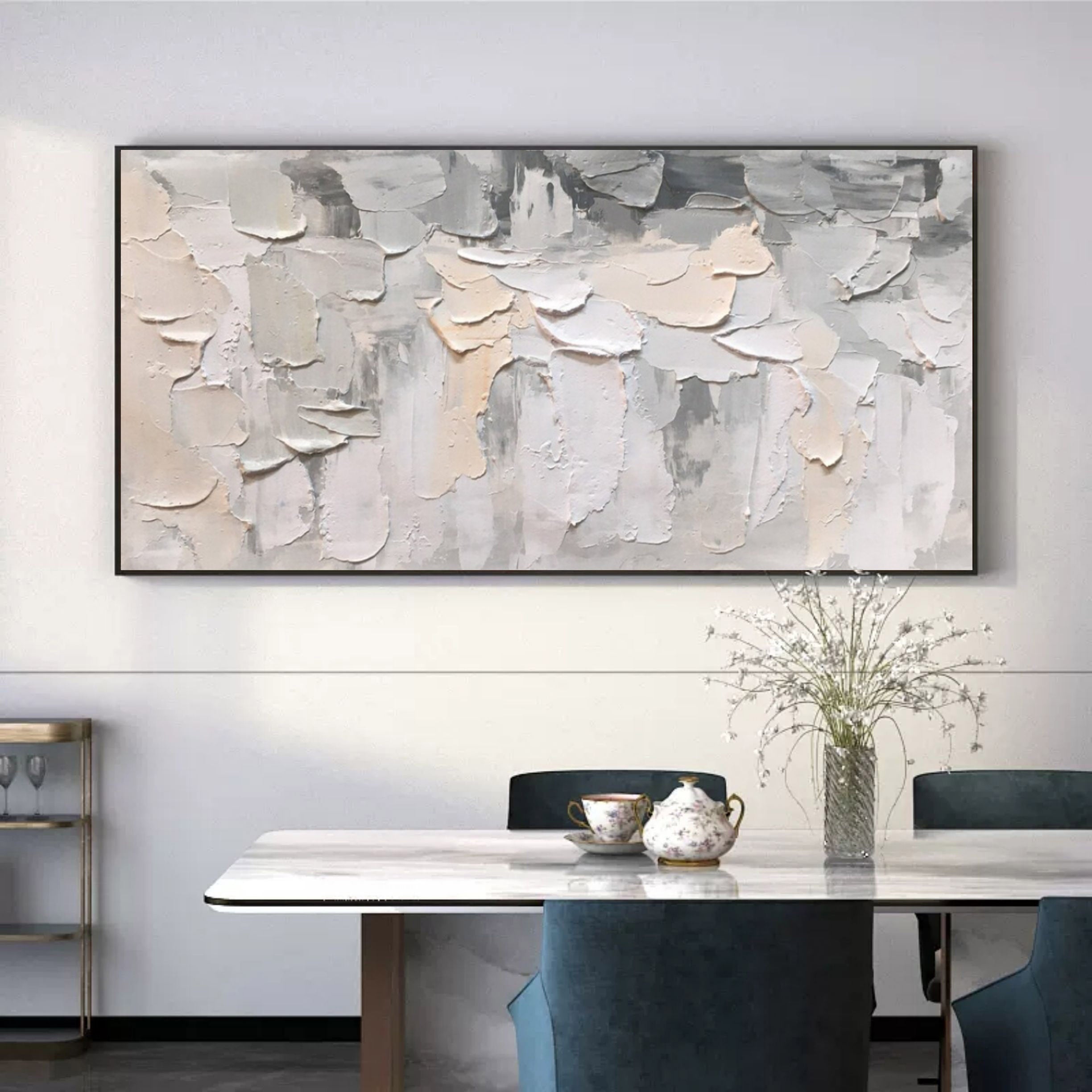 Oversized Horizontal Gray and Beige 3D Abstract Canvas Art Wabi-Sabi Wall Art Textured Wall Painting