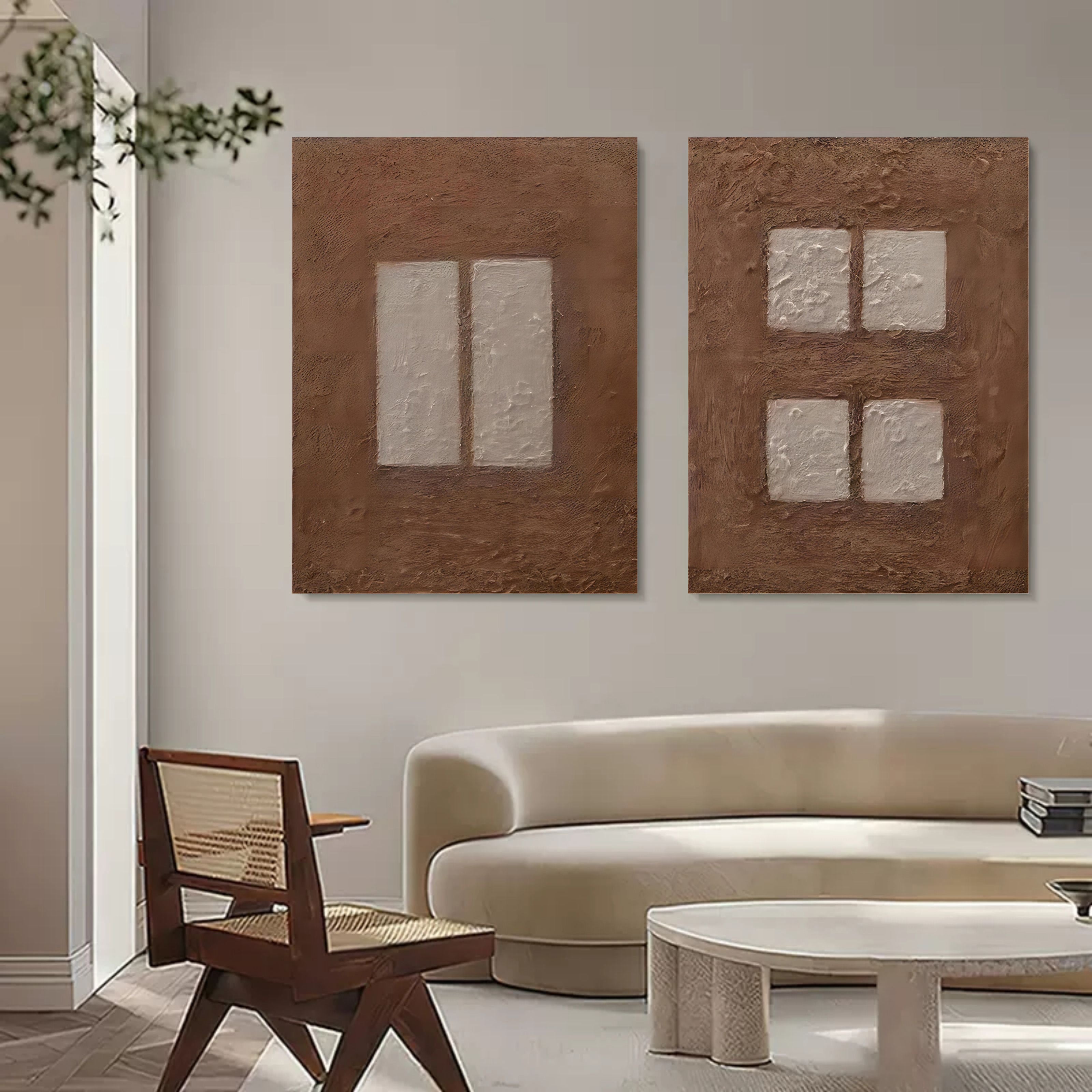 Brown 3D Abstract Art on Canvas WabiSabi Wall Art Textured Wall Art Minimalist Painting Set of 2