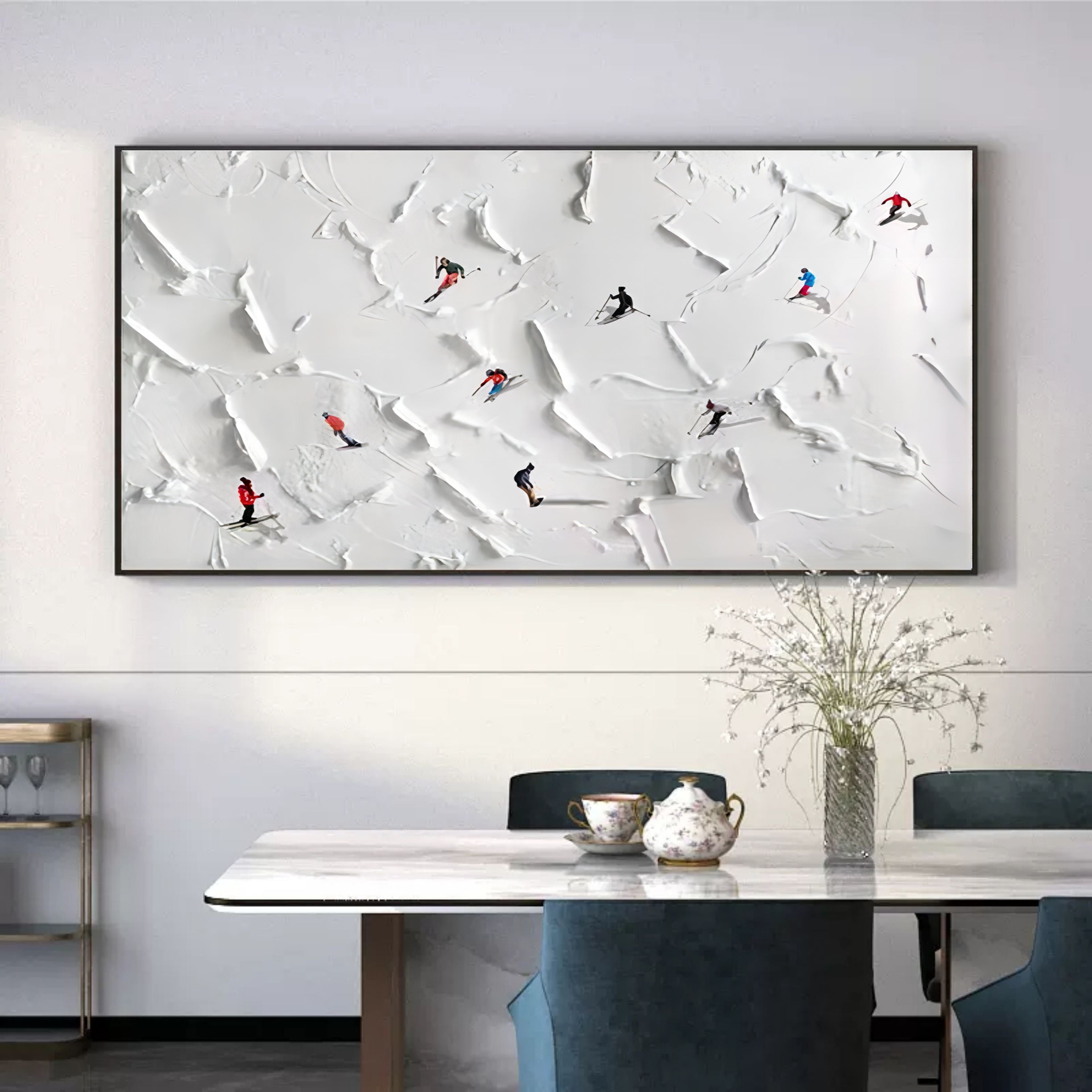 Plaster Wall Art Original Ski Sport Painting on Canvas Custom Painting Texture Wall Art Skier on Snowy Mountain Art White Snow Skiing Art