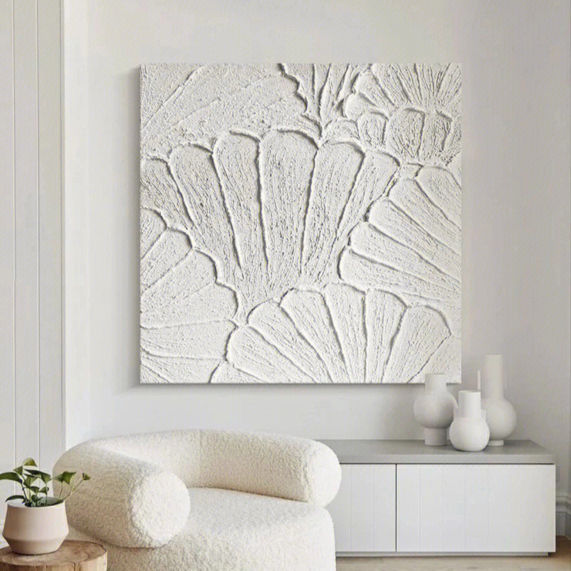 White flower petal Textured Canvas painting 3D plaster art White Abstract Minimalist