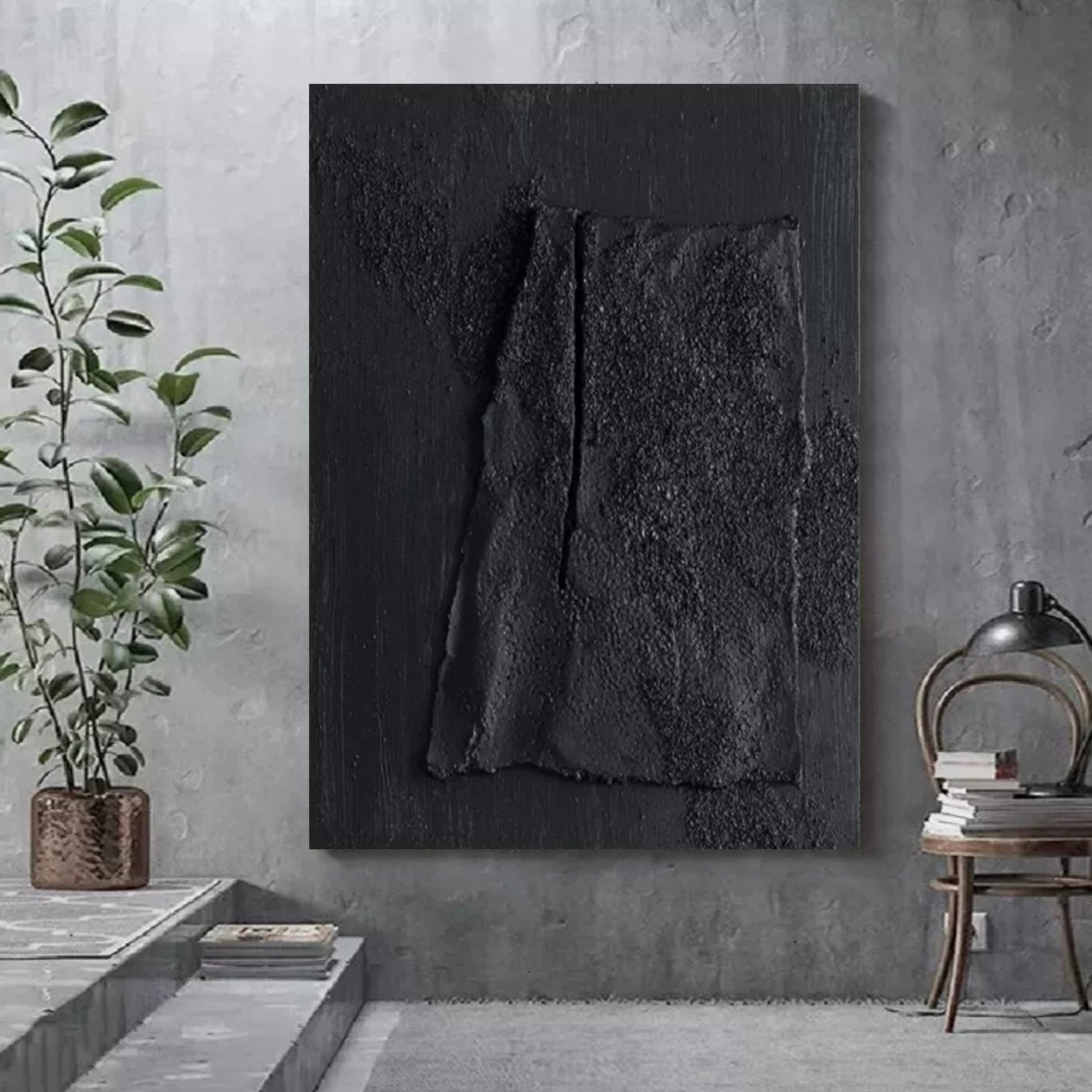 Large Black 3D Minimalist Art on Canvas Wabi-Sabi Wall Art Textured Wall Art Abstract Painting