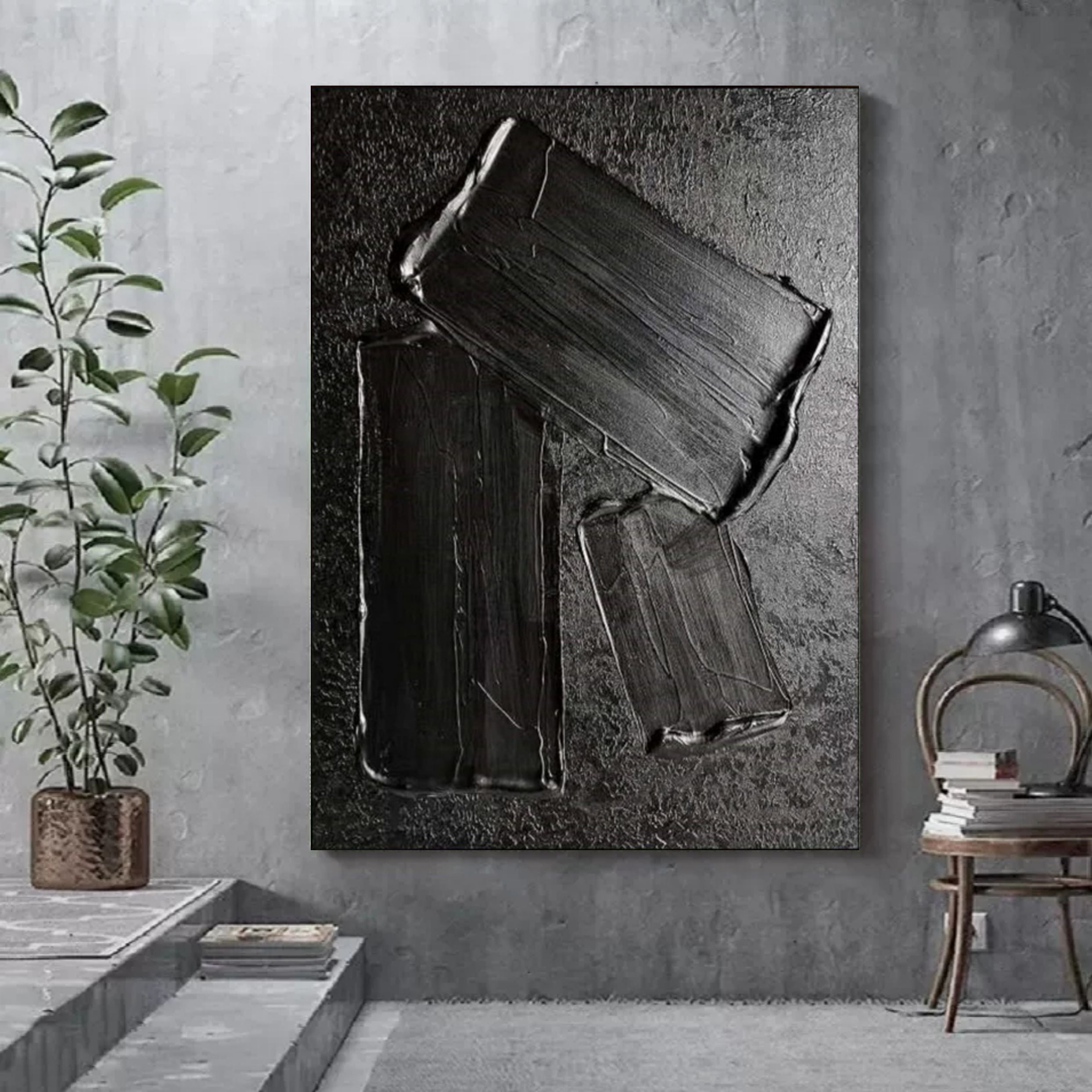 Large Black 3D Abstract Art On Canvas Wabi-Sabi Wall Art Textured Wall Art Minimalist Painting