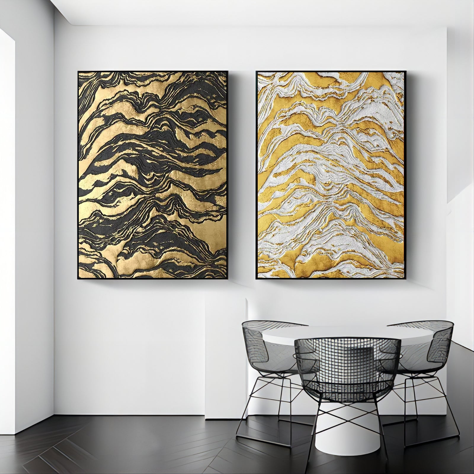 Gold and Black 3D Abstract Painting Set of 2 Gold 3D Textured Wall Art Luxury Living Room Wall Decor