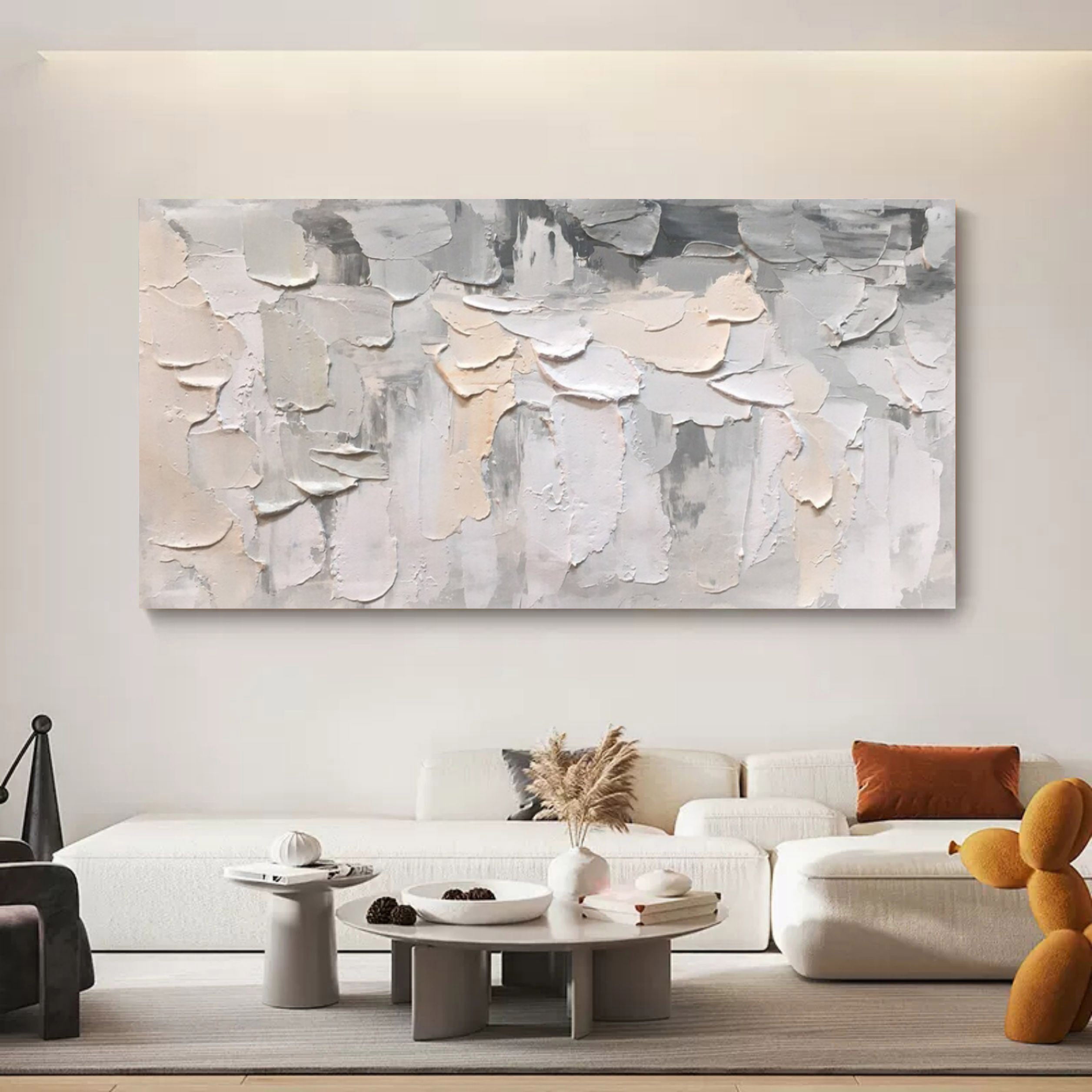 Oversized Horizontal Gray and Beige 3D Abstract Canvas Art Wabi-Sabi Wall Art Textured Wall Painting