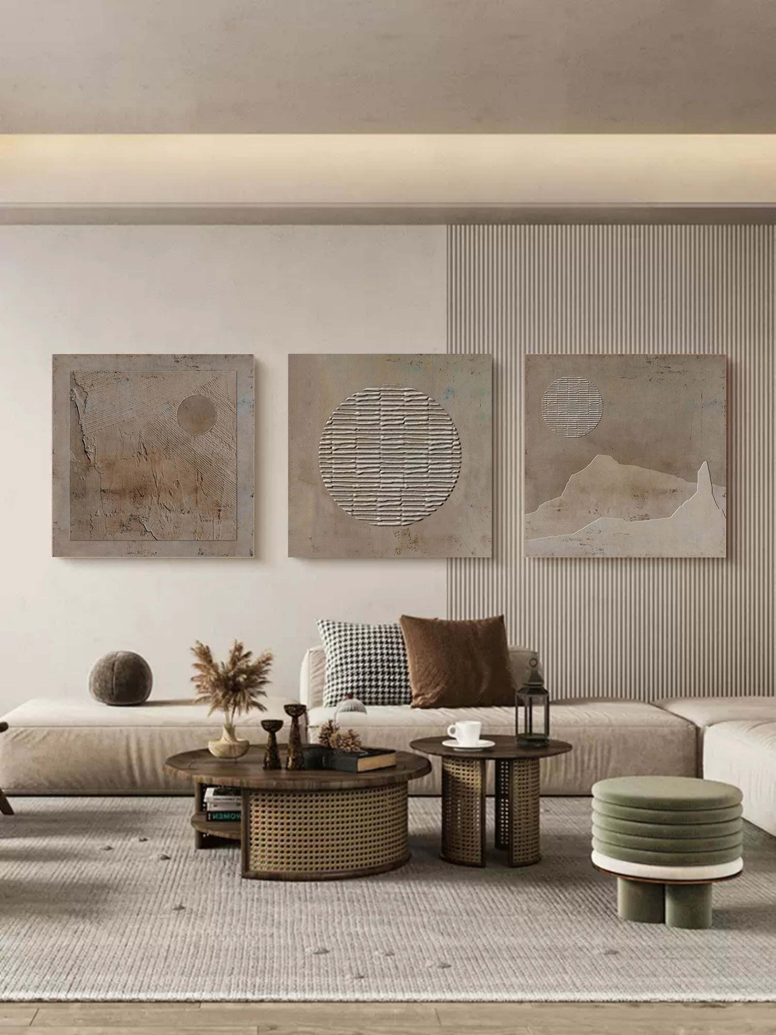 Brown 3D Abstract Art On Canvas Textured Wall Art Wabi-Sabi Wall Art Minimalist Paintings Set of 3