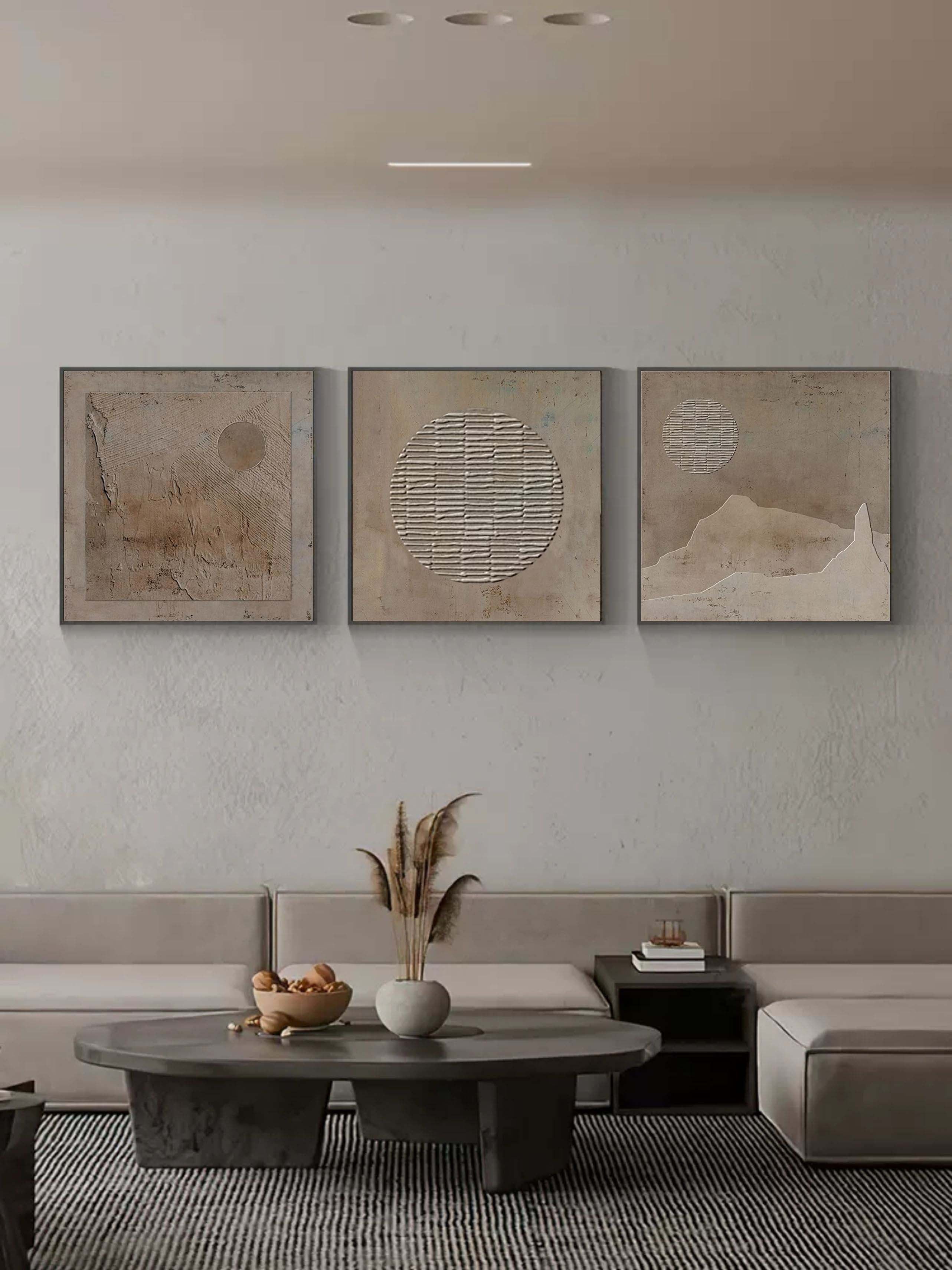 Brown 3D Abstract Art On Canvas Textured Wall Art Wabi-Sabi Wall Art Minimalist Paintings Set of 3