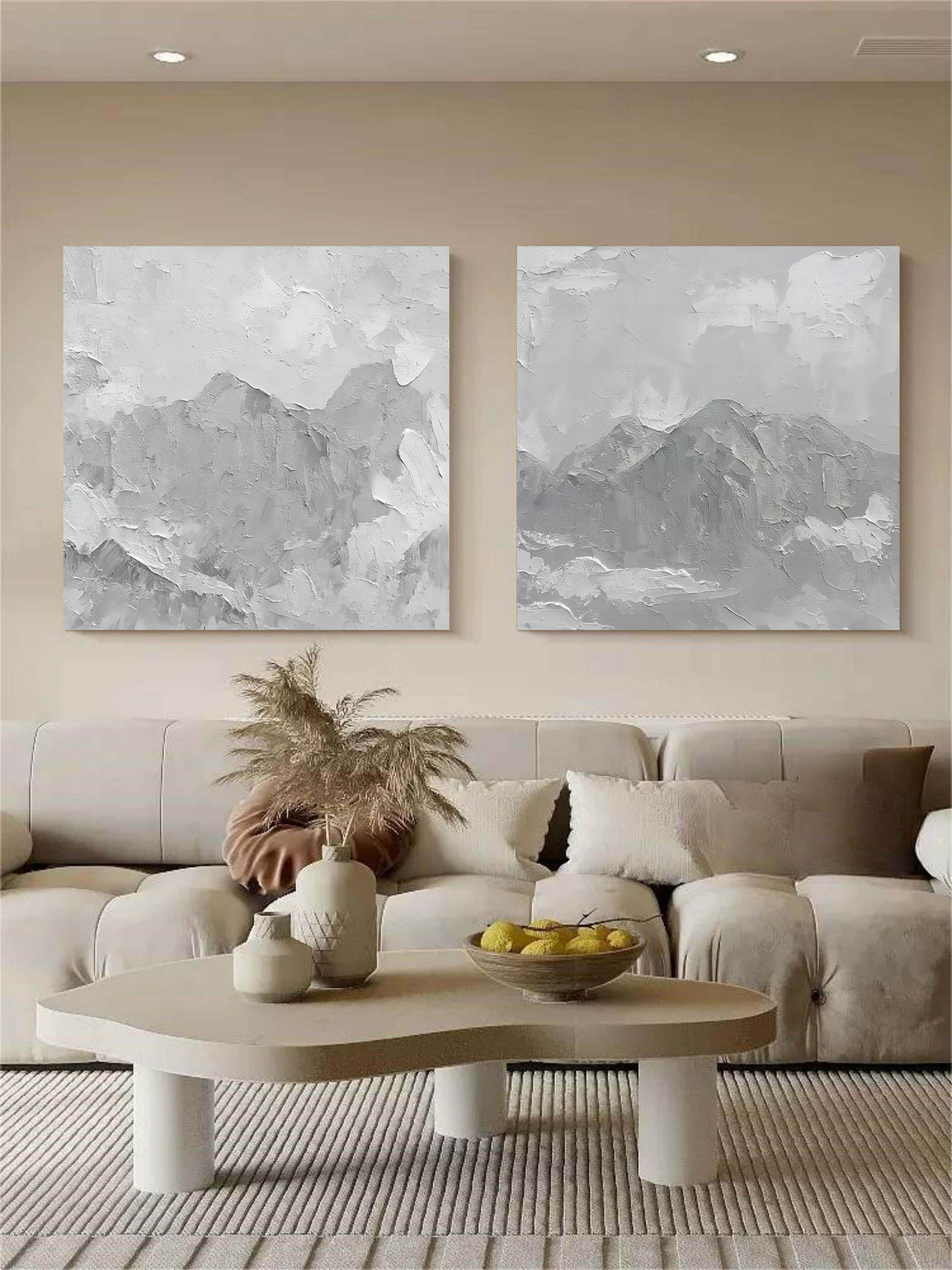 Gray minimal art on canvas Wabisabi wall decor 3D Textured wall art Gray abstract painting set of 2