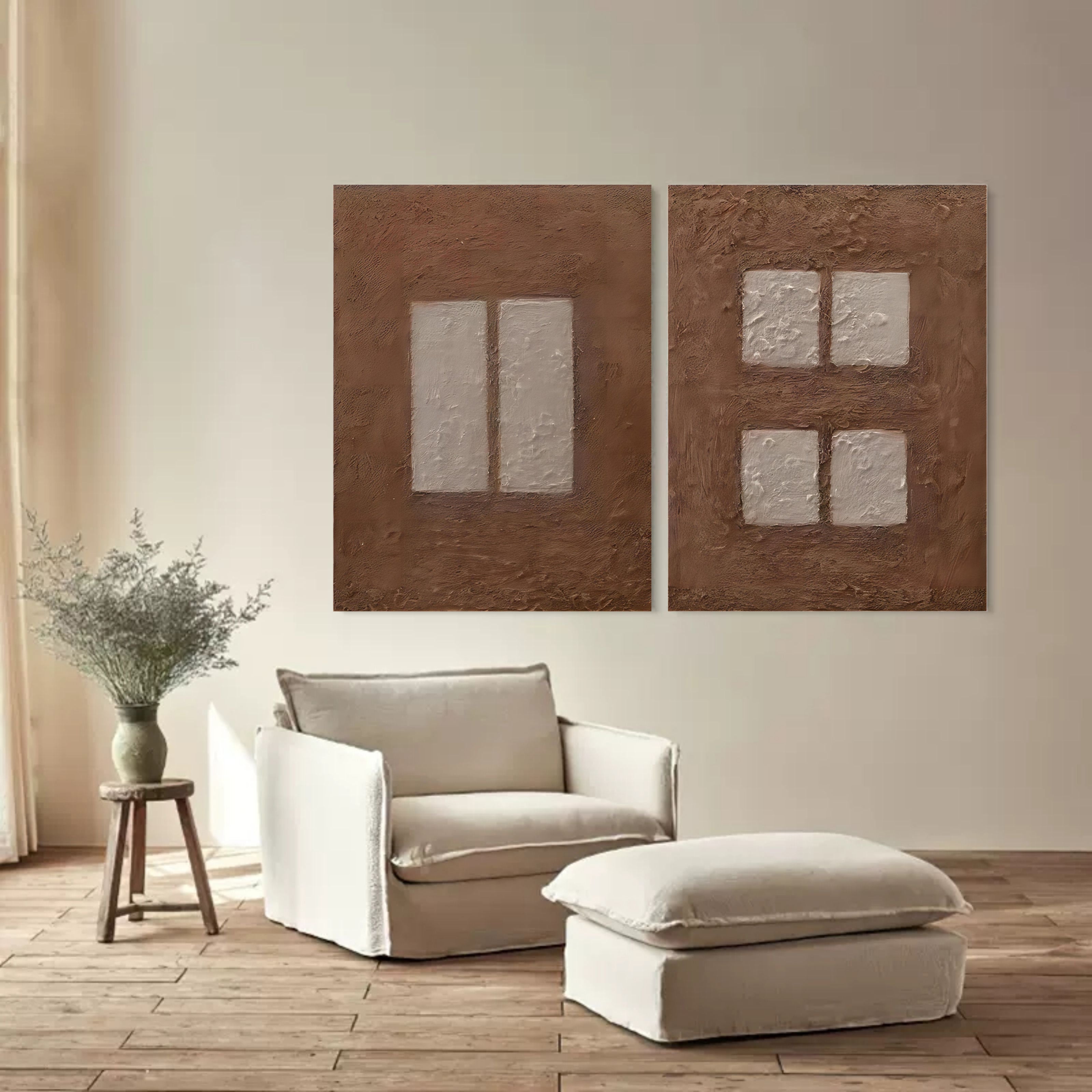 Brown 3D Abstract Art on Canvas WabiSabi Wall Art Textured Wall Art Minimalist Painting Set of 2