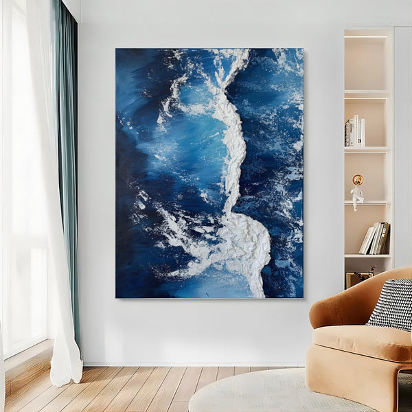 3D Blue Sea Painting On Canvas Textured Wall Art Plaster Wall Art Acrylic Painting Wall Decor Ideas