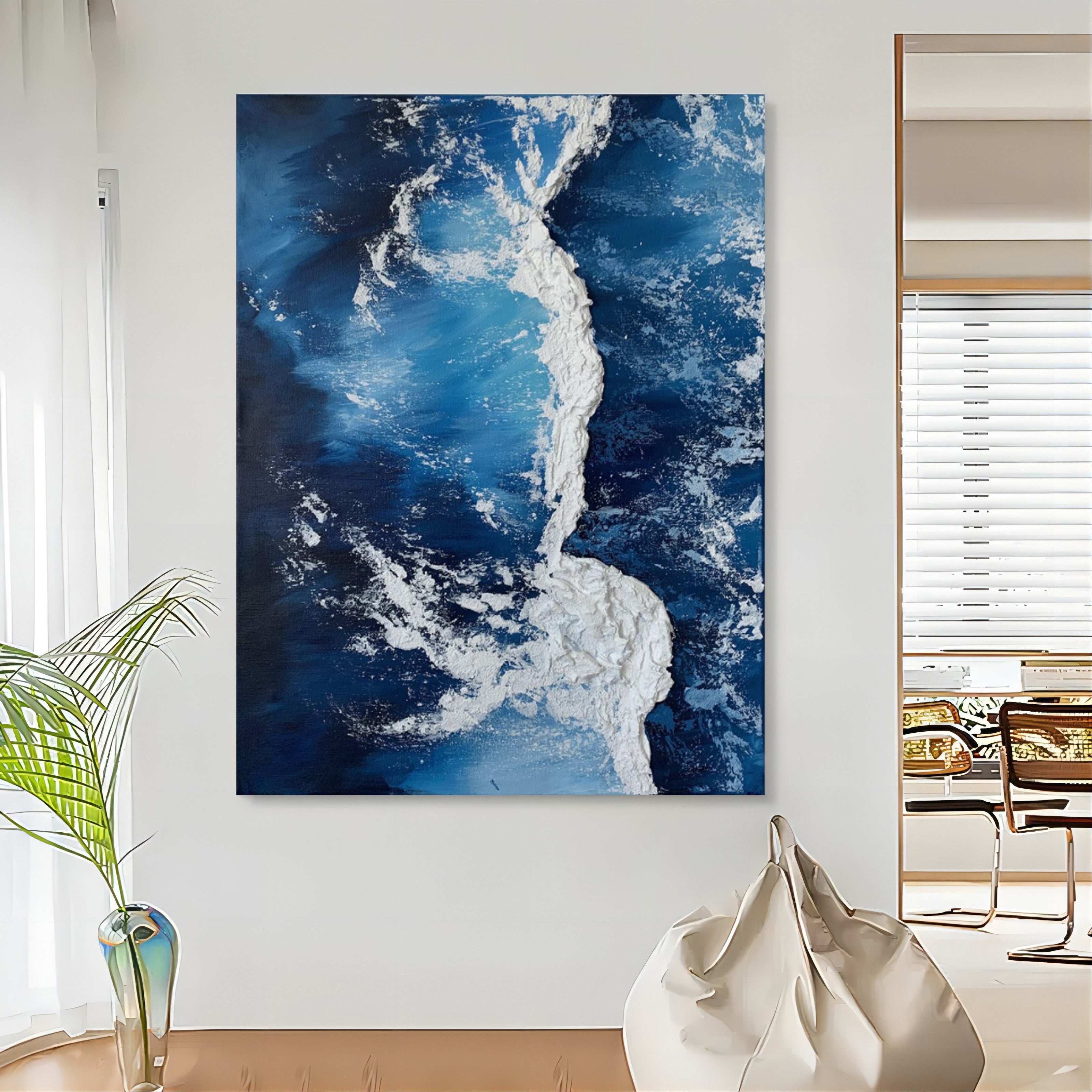 3D Blue Sea Painting On Canvas Textured Wall Art Plaster Wall Art Acrylic Painting Wall Decor Ideas