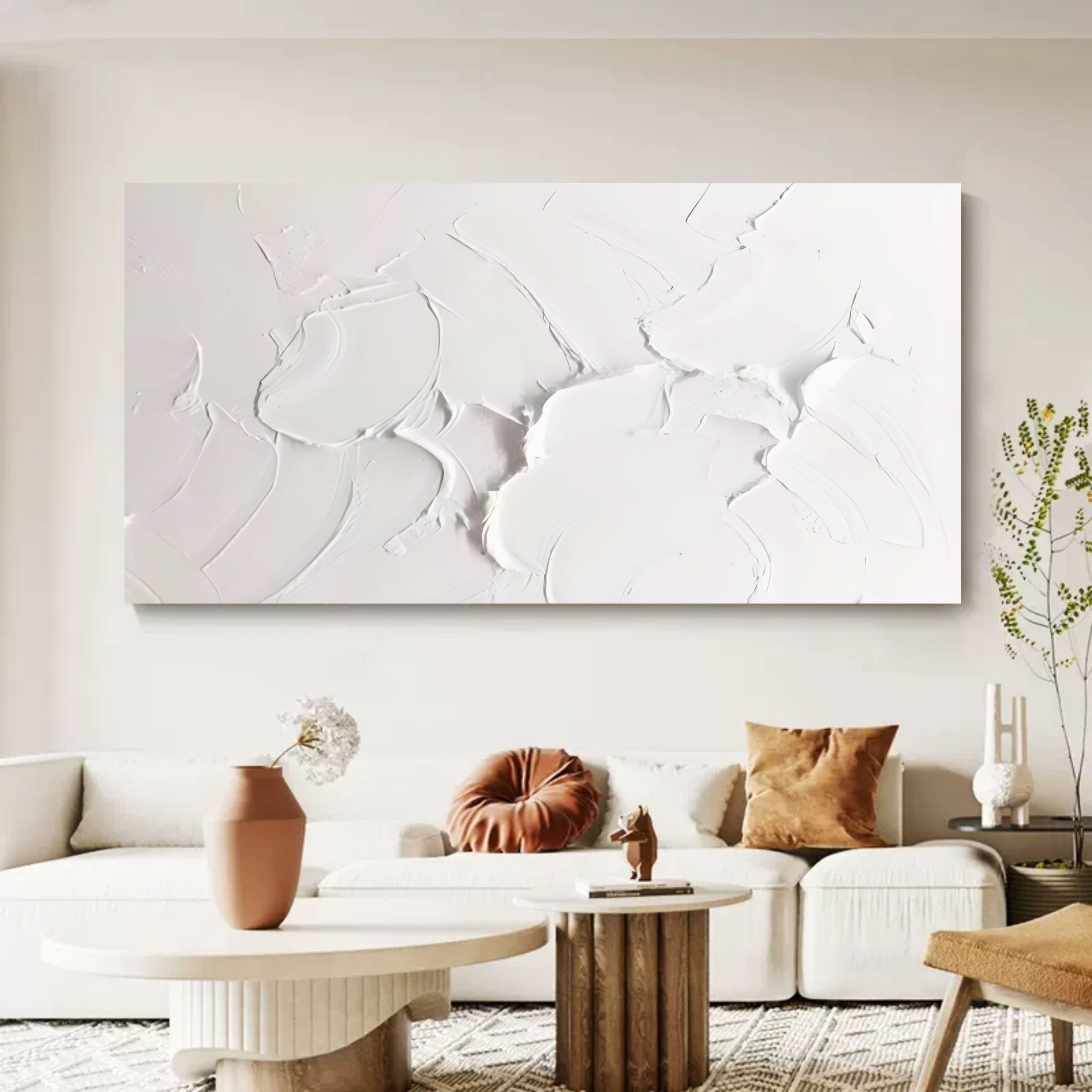 Large White 3D Abstract Art 3D Plaster Art on Canvas Textured Wall Art White 3D Minimalist Painting