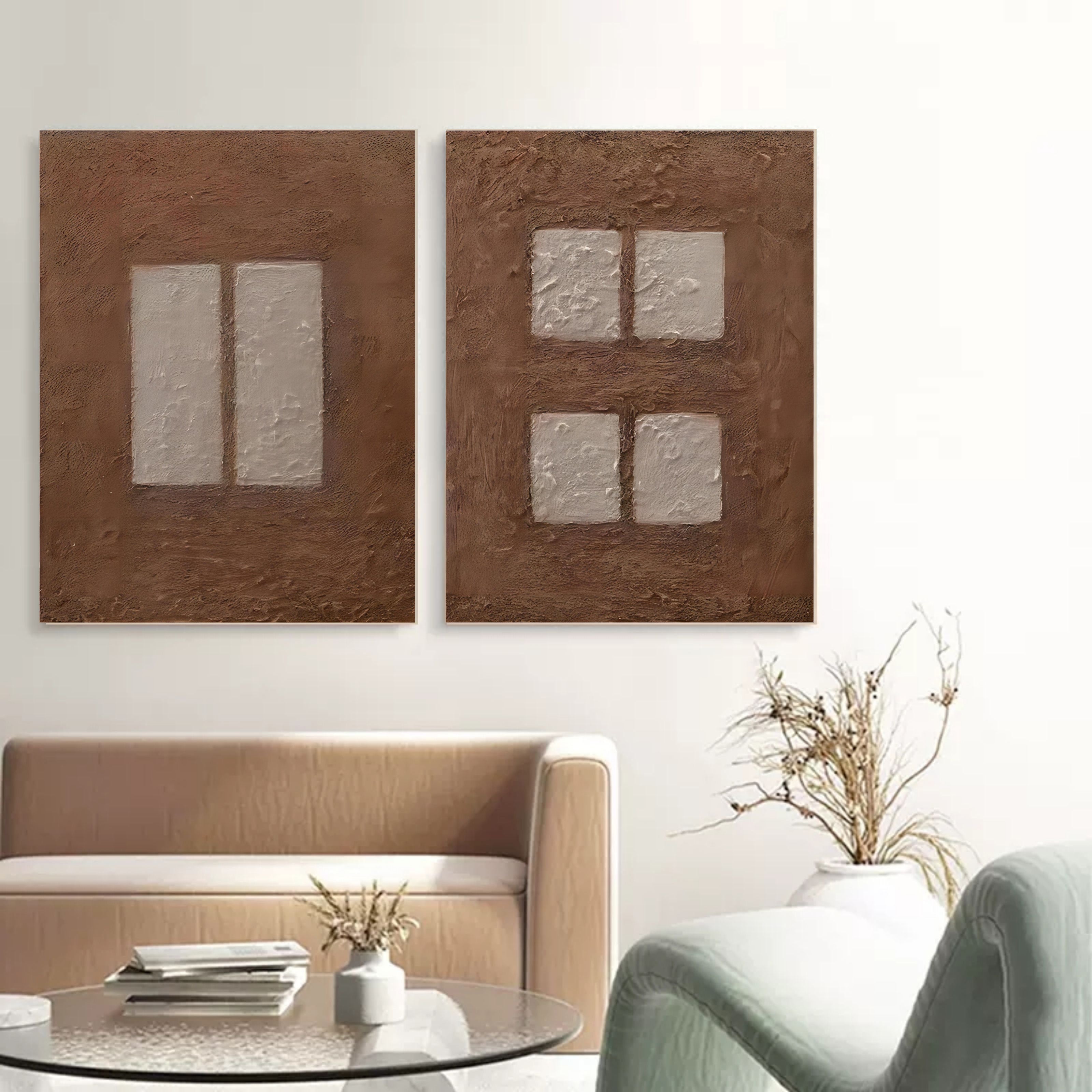 Brown 3D Abstract Art on Canvas WabiSabi Wall Art Textured Wall Art Minimalist Painting Set of 2