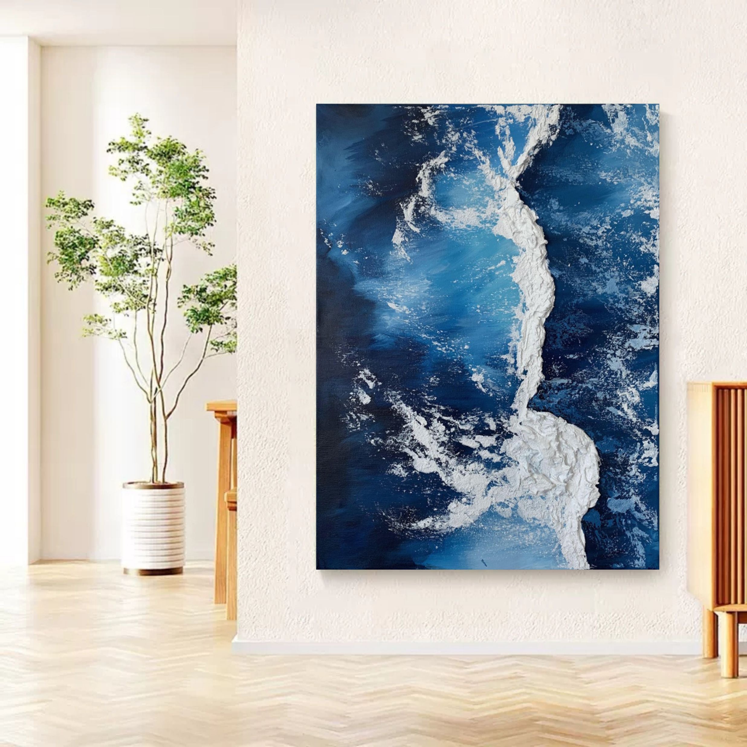 3D Blue Sea Painting On Canvas Textured Wall Art Plaster Wall Art Acrylic Painting Wall Decor Ideas